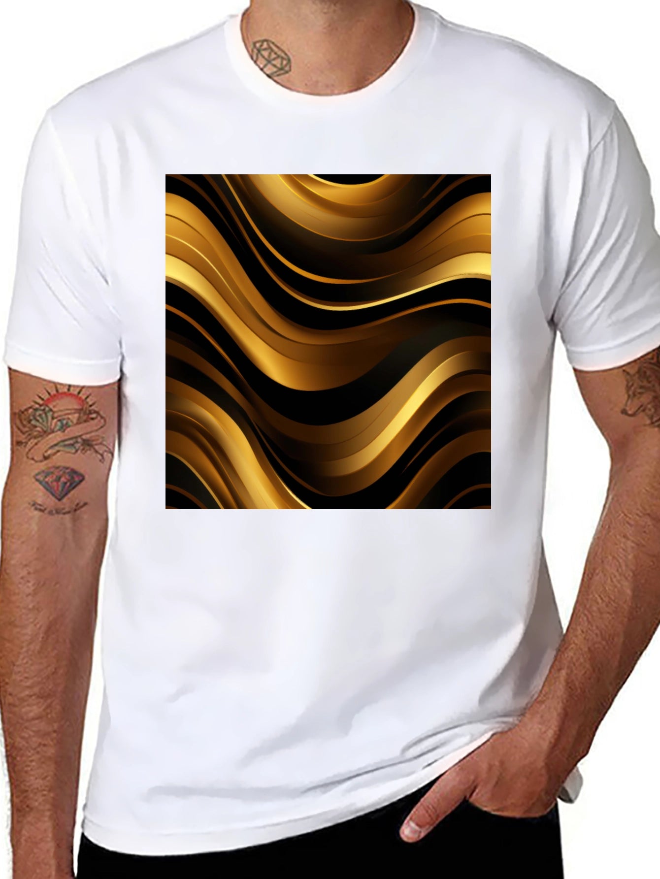 Stylish Black Tee with Abstract Gold Design
