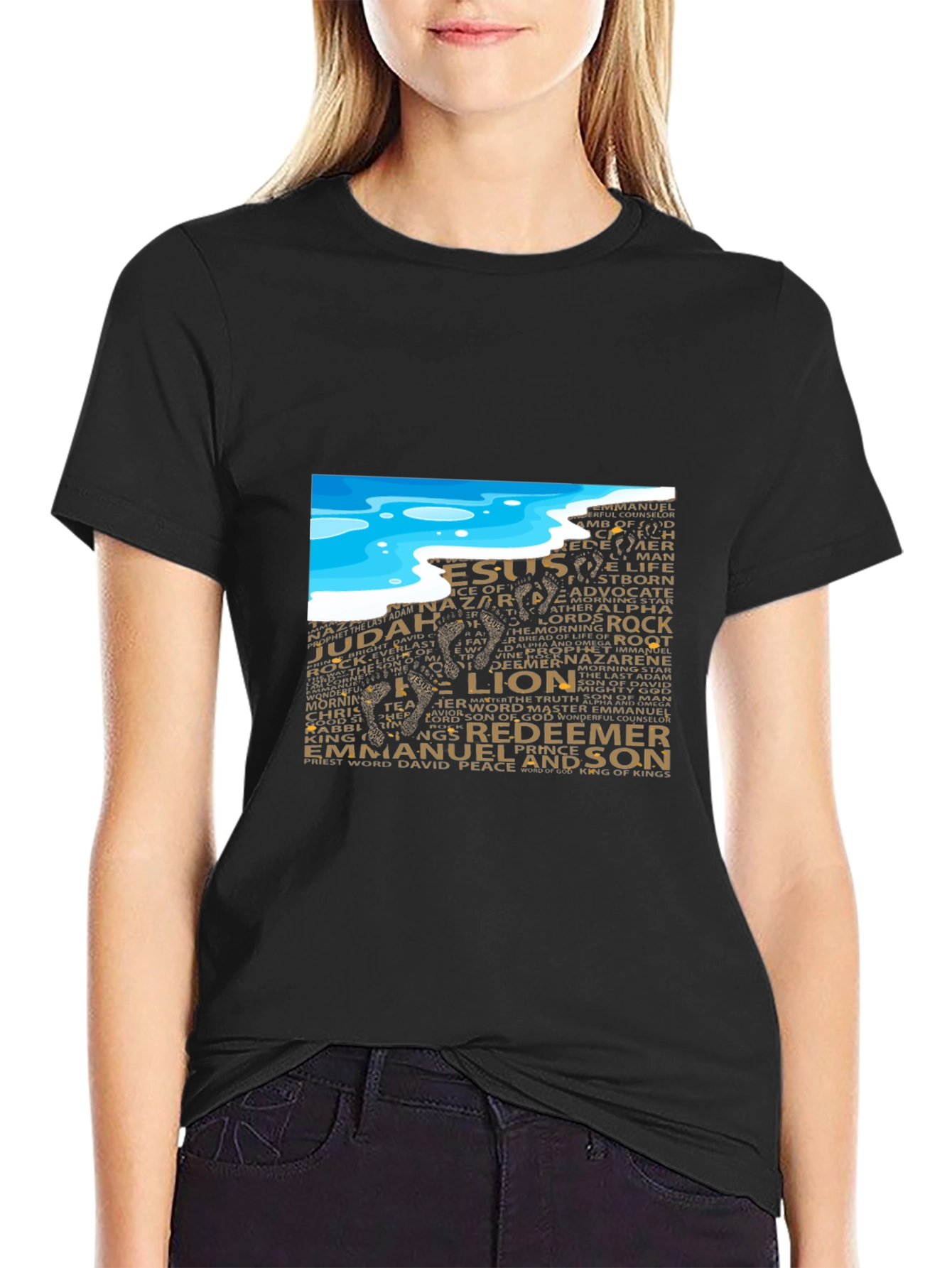 Lion and Names Graphic Black T-Shirt