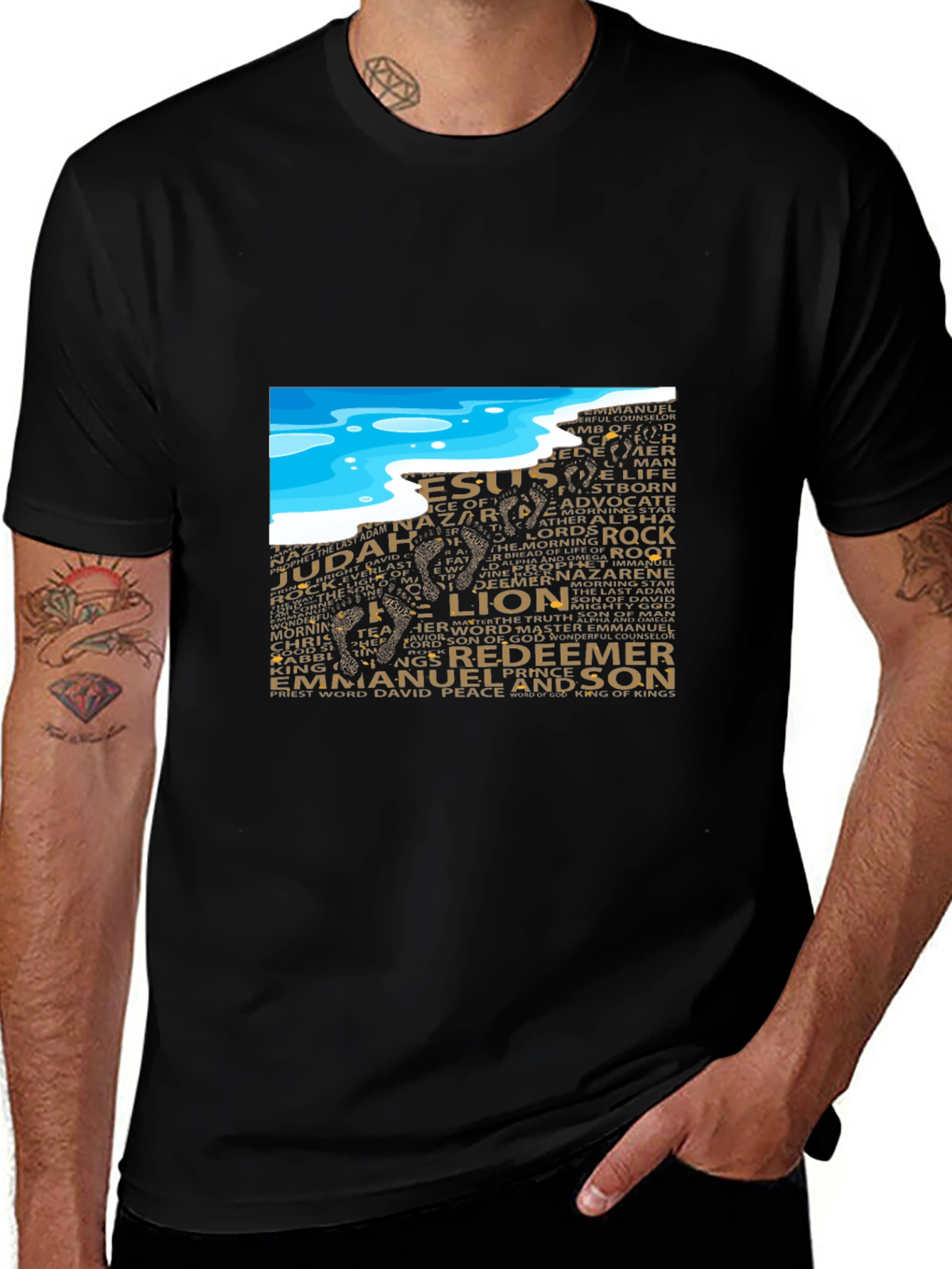 Lion and Names Graphic Black T-Shirt