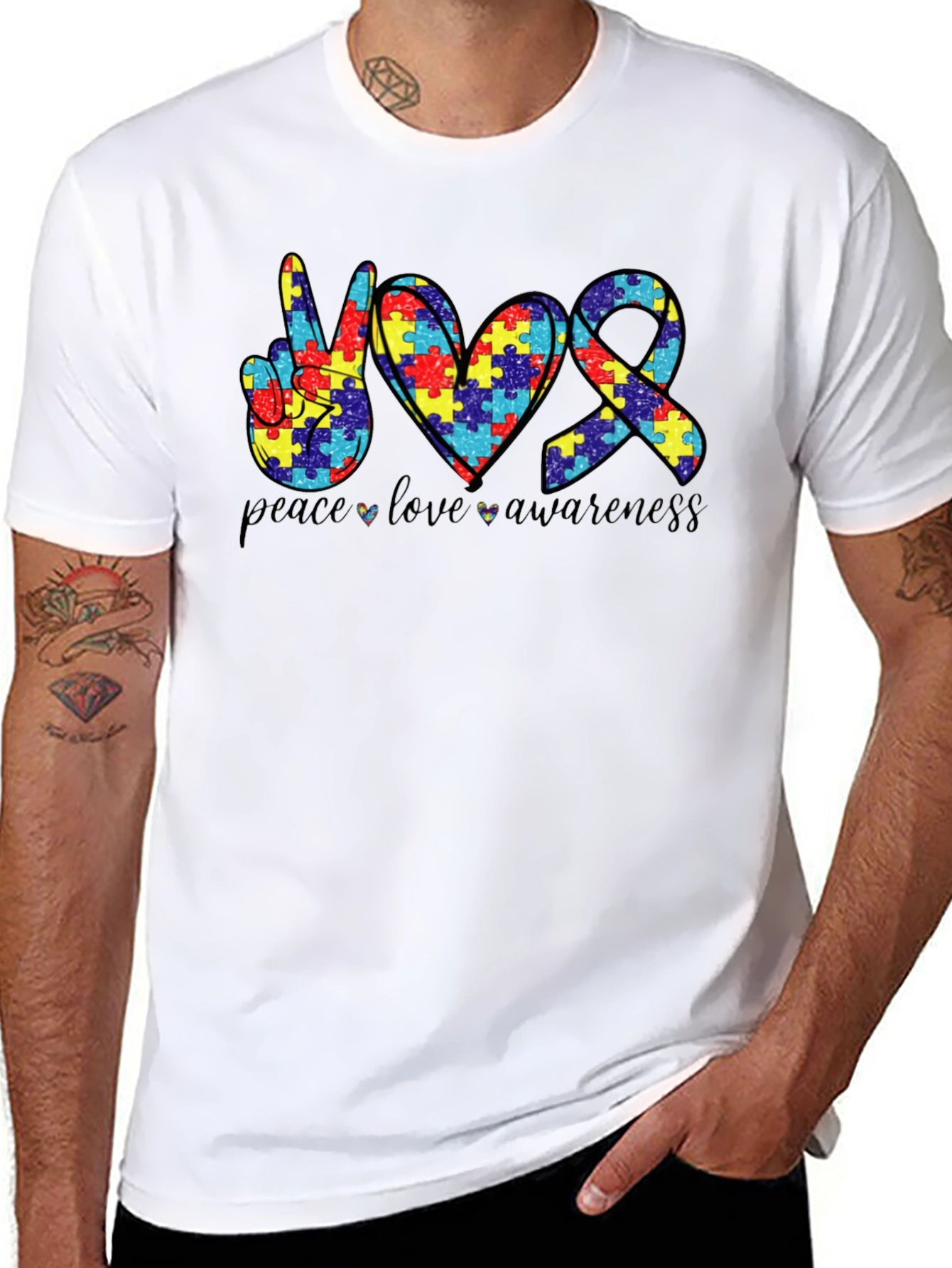 Autism Awareness Peace Love Puzzle T-Shirt
