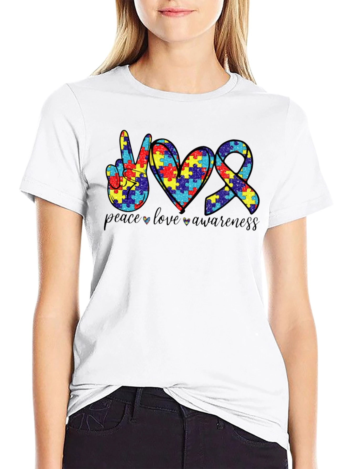 Autism Awareness Peace Love Puzzle T-Shirt
