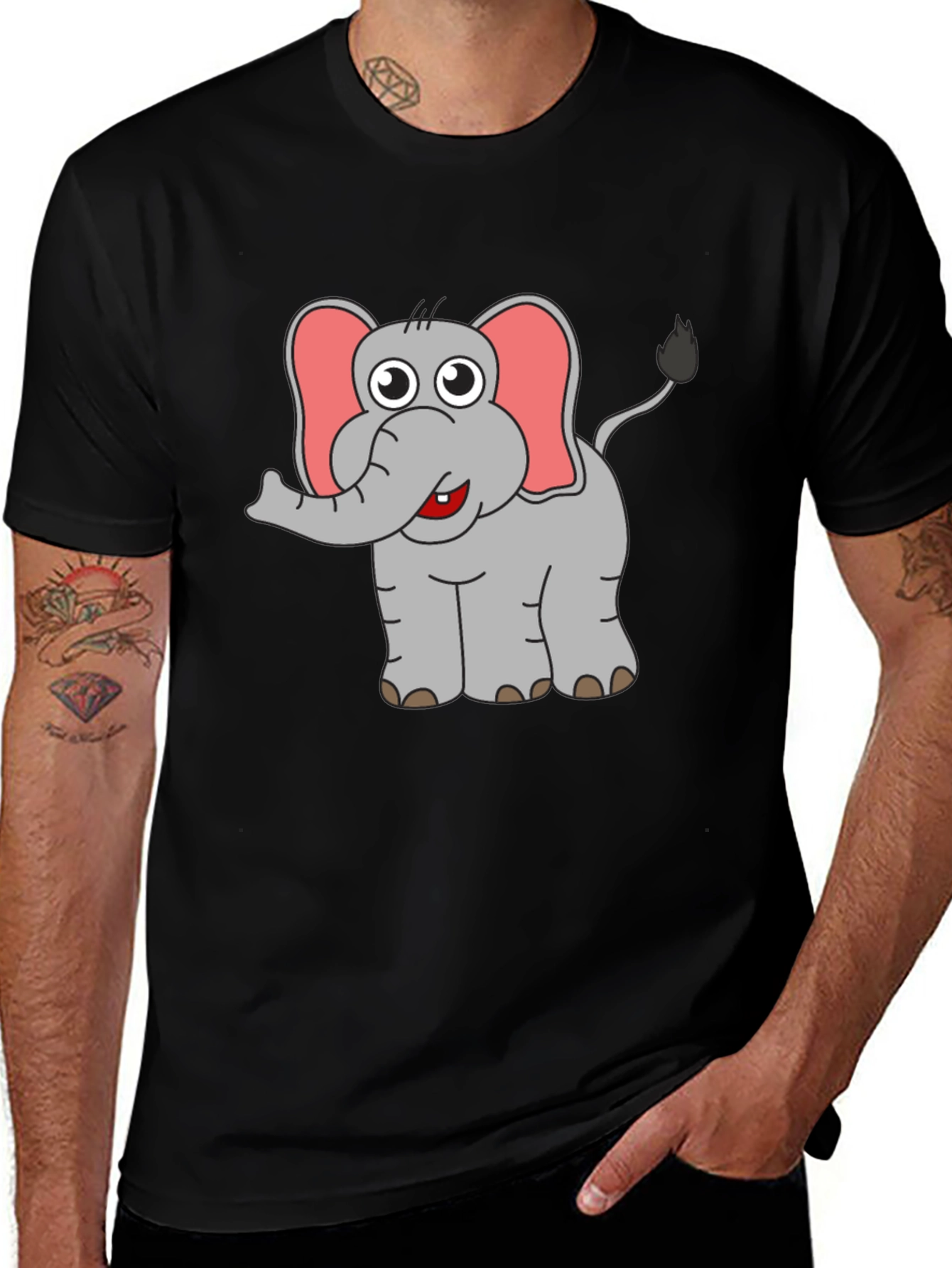 Elephant Cartoon Graphic Black T-Shirt