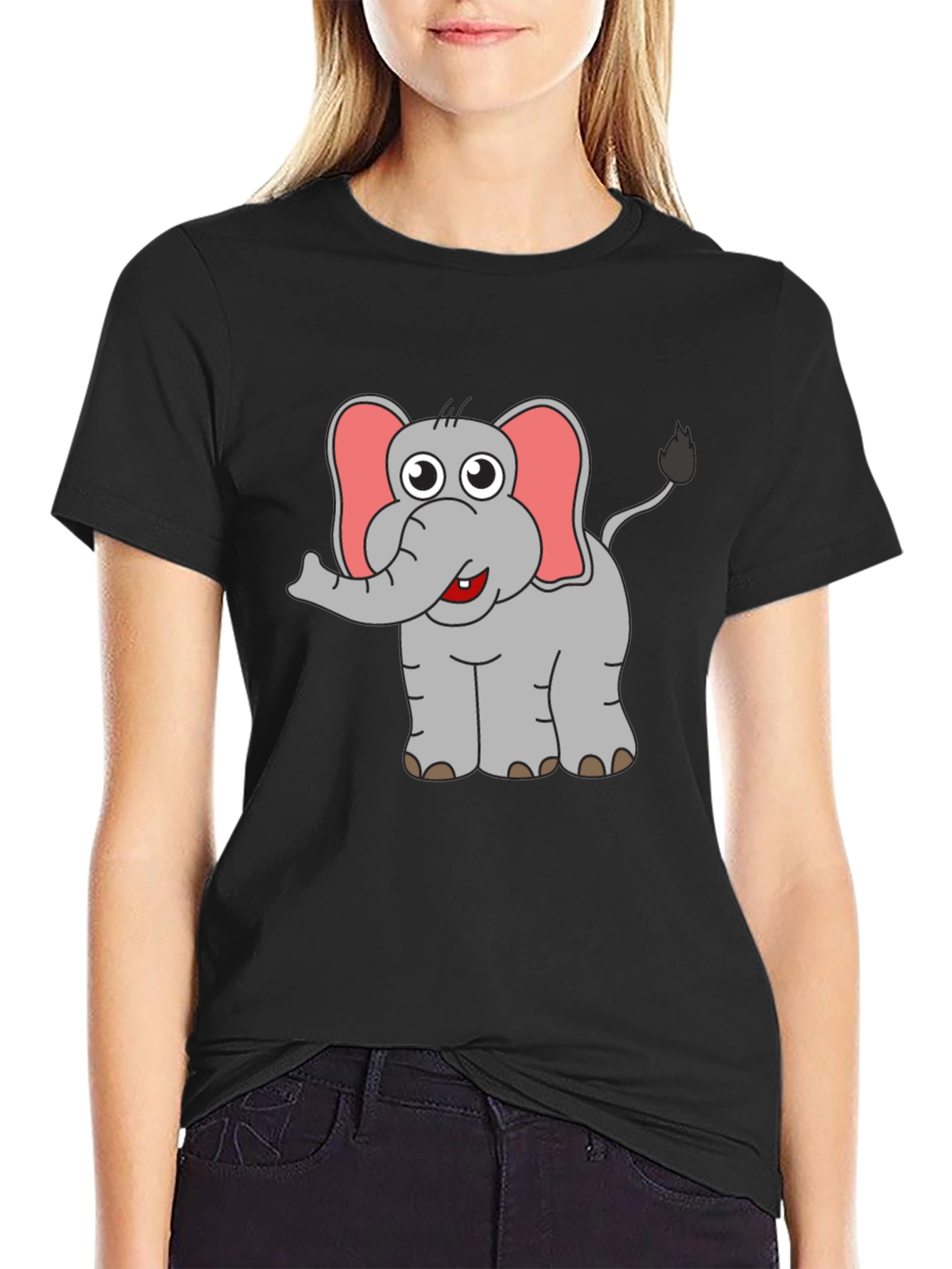 Elephant Cartoon Graphic Black T-Shirt
