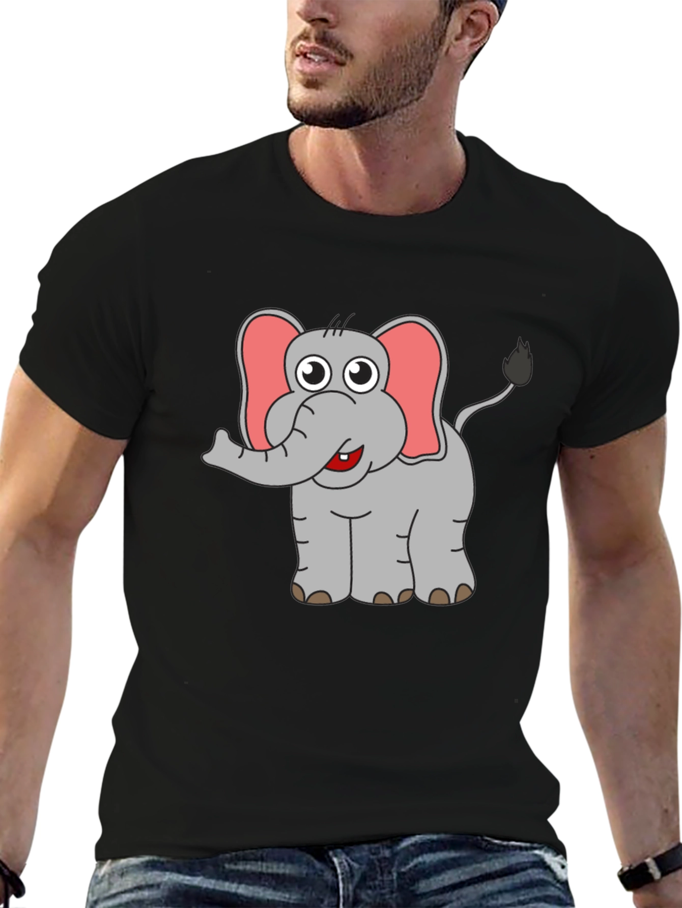 Elephant Cartoon Graphic Black T-Shirt
