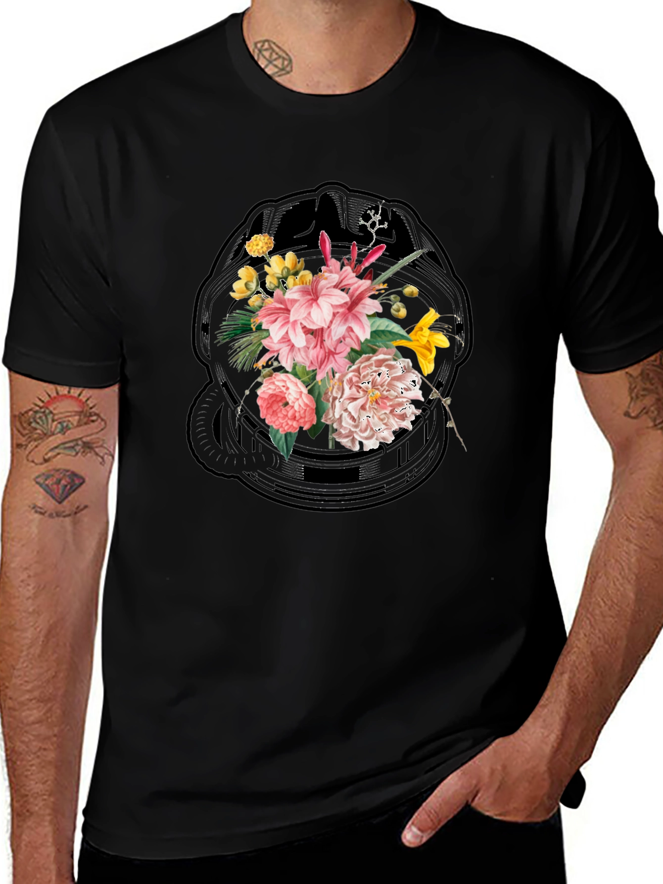 Floral Skull Graphic Black T-Shirt