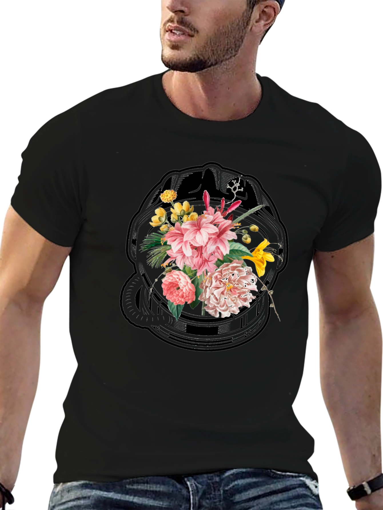 Floral Skull Graphic Black T-Shirt