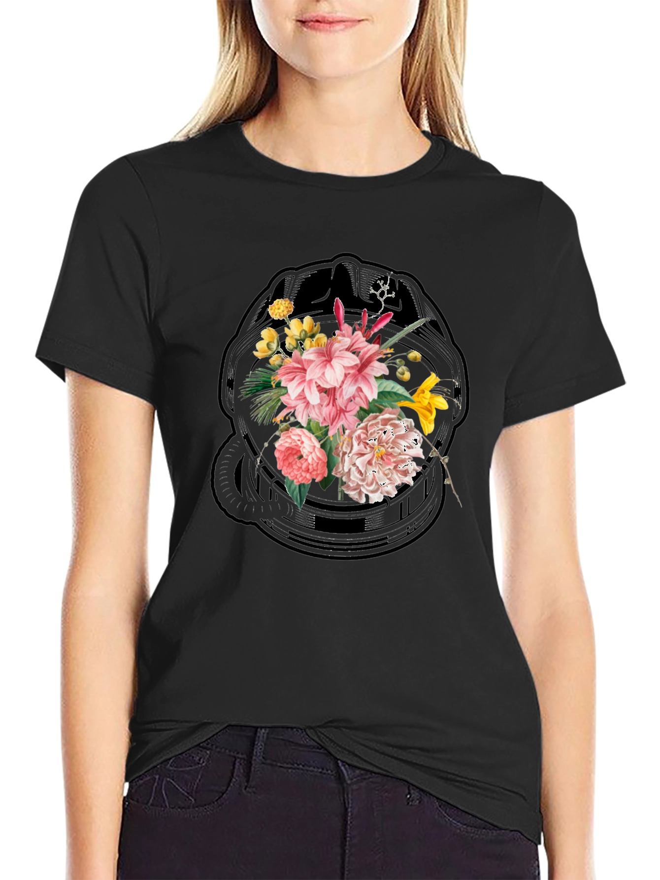 Floral Skull Graphic Black T-Shirt