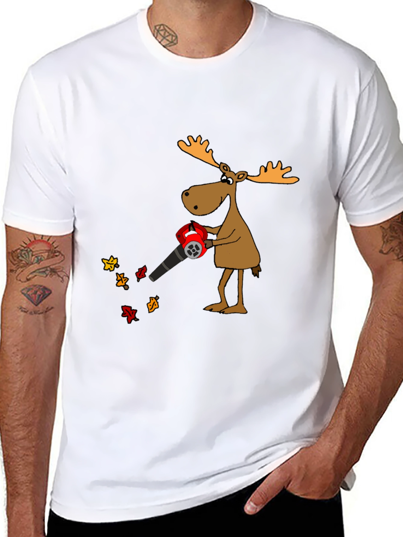 Moose Blowing Leaves Funny Graphic Tee