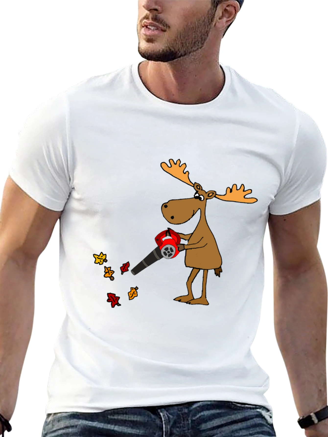 Moose Blowing Leaves Funny Graphic Tee