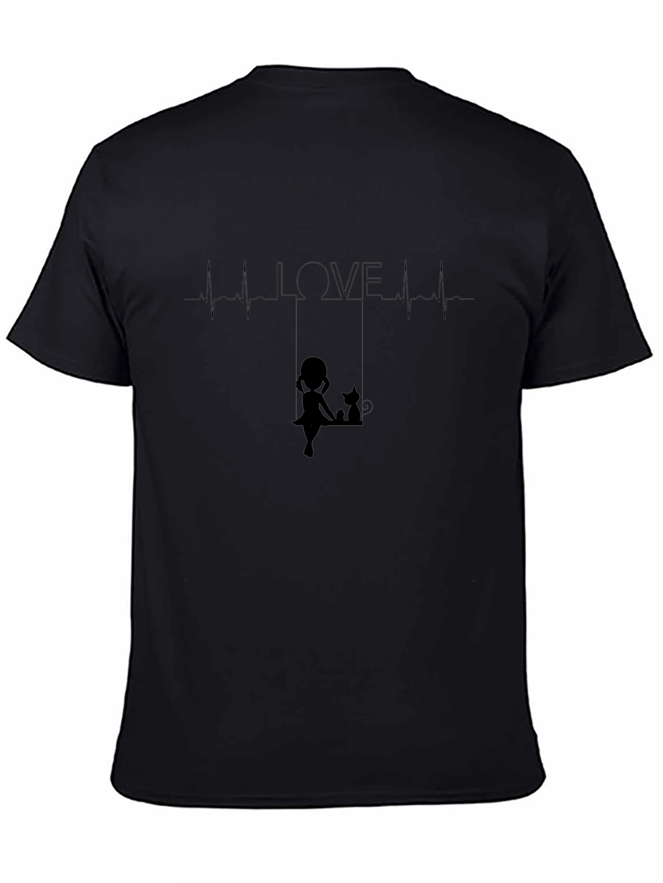 Love Heartbeat Girl and Cat on Swing Black T-Shirt