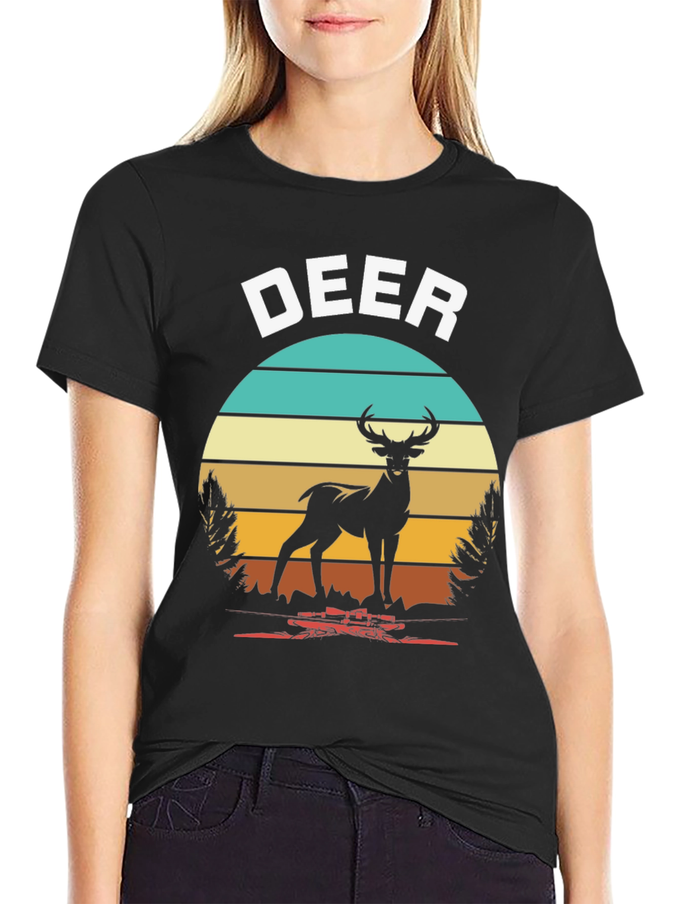 Deer Graphic Tee Retro Sunset Design