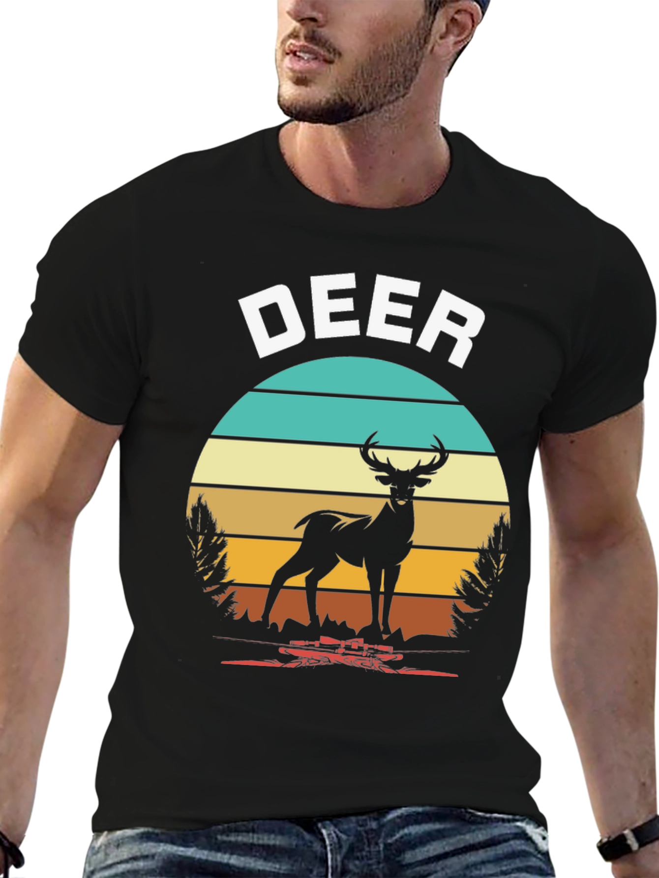 Deer Graphic Tee Retro Sunset Design