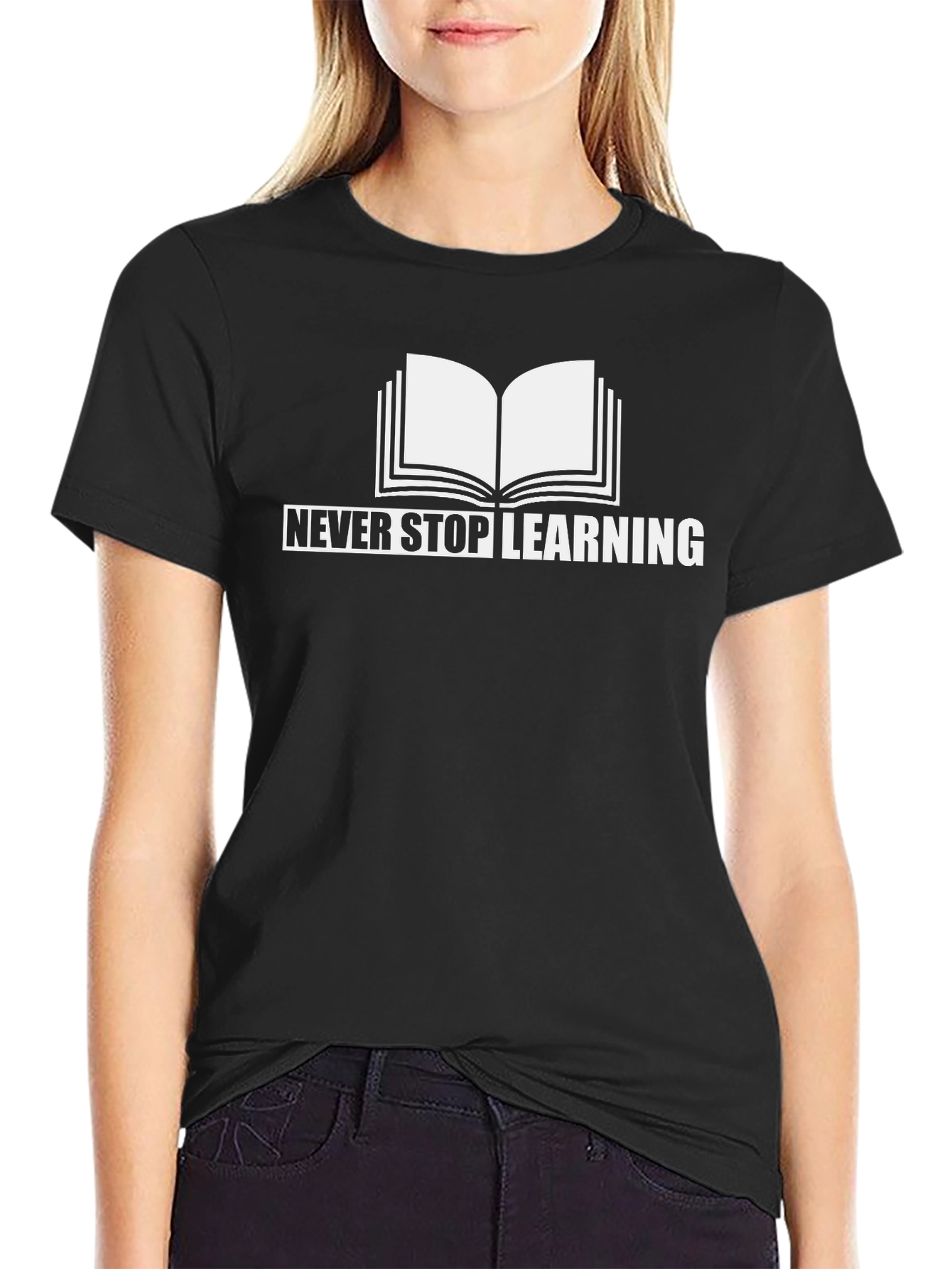 Never Stop Learning T-Shirt Book Graphic Black