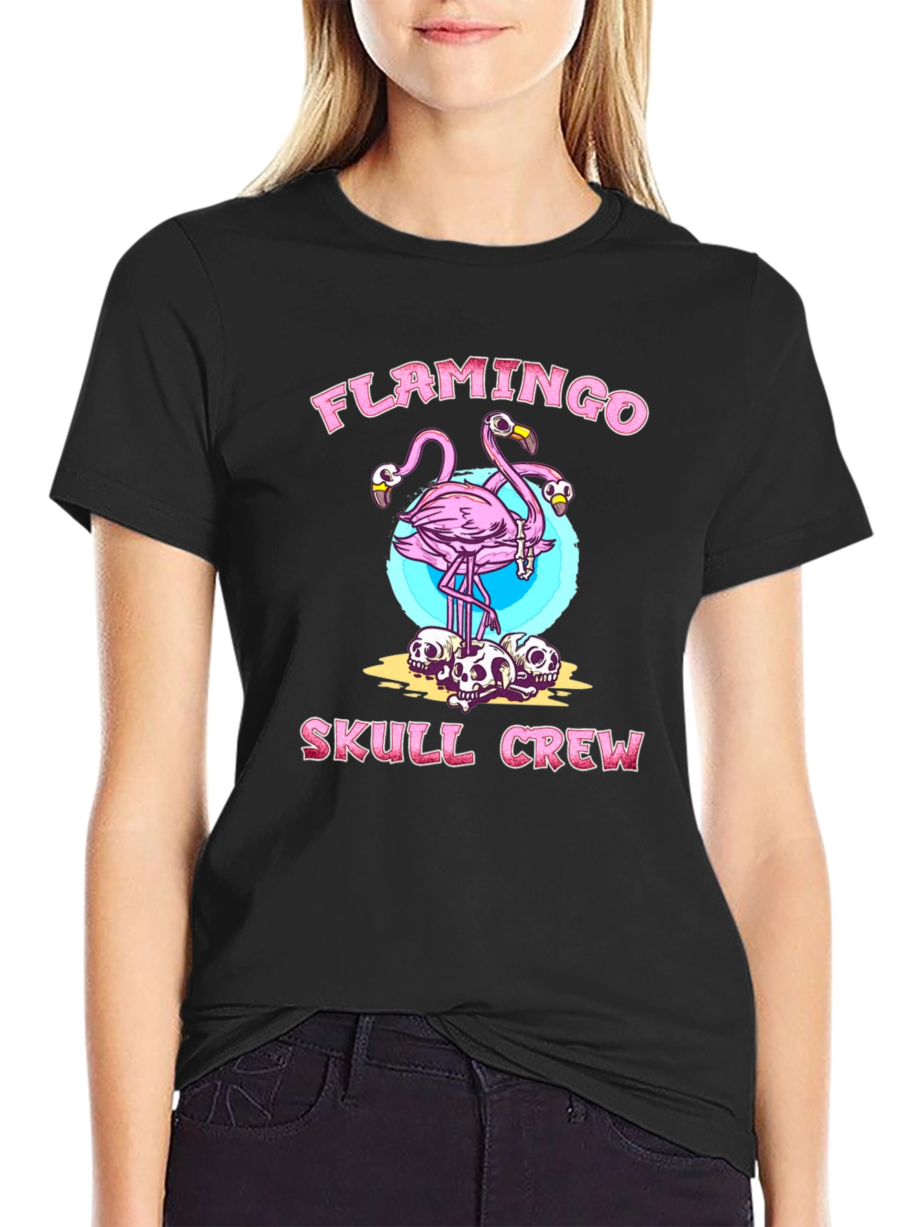 Flamingo Skull Crew Graphic T-Shirt