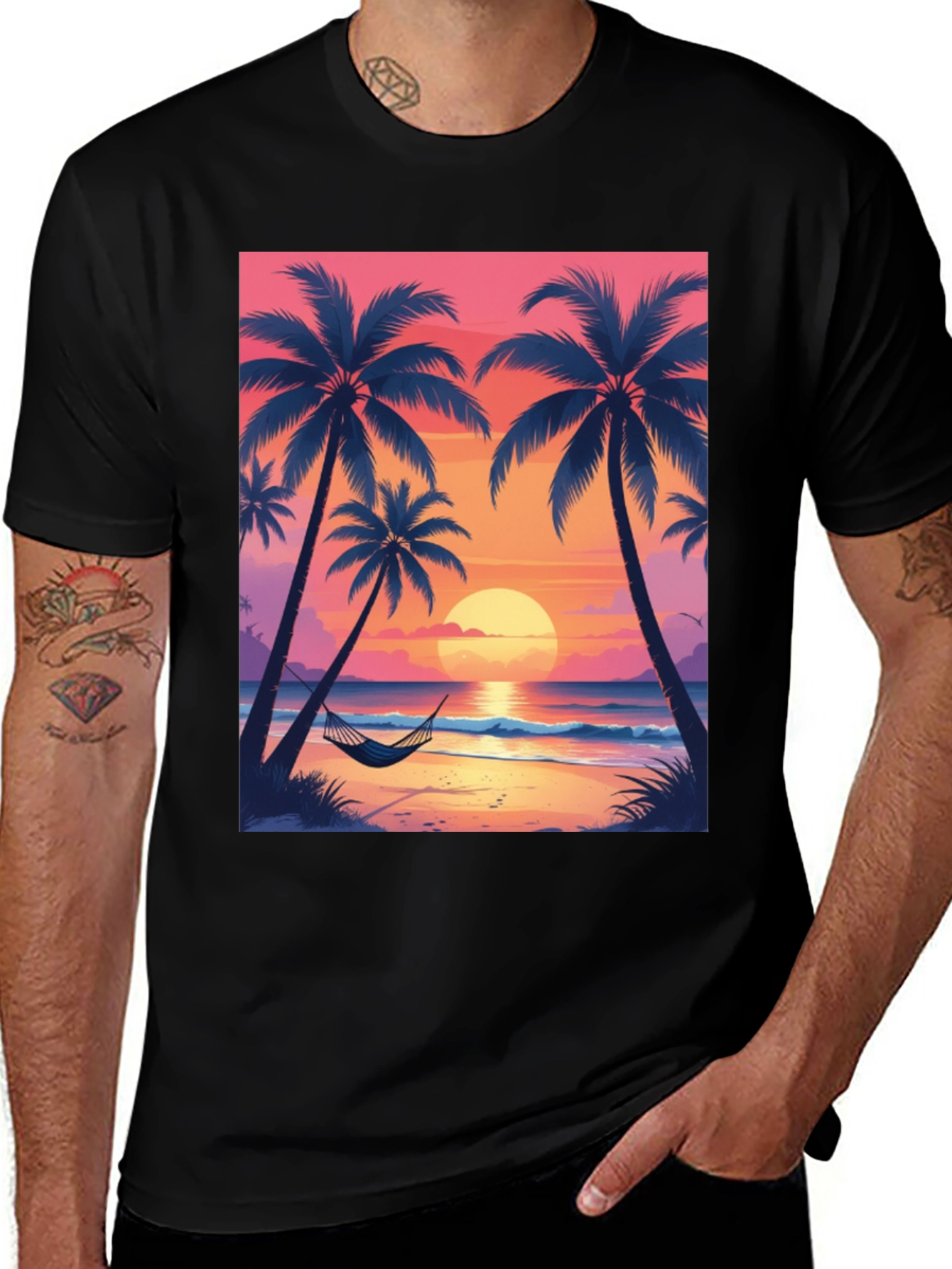 Sunset Beach Palm Tree Graphic Tee - Relaxed Fit