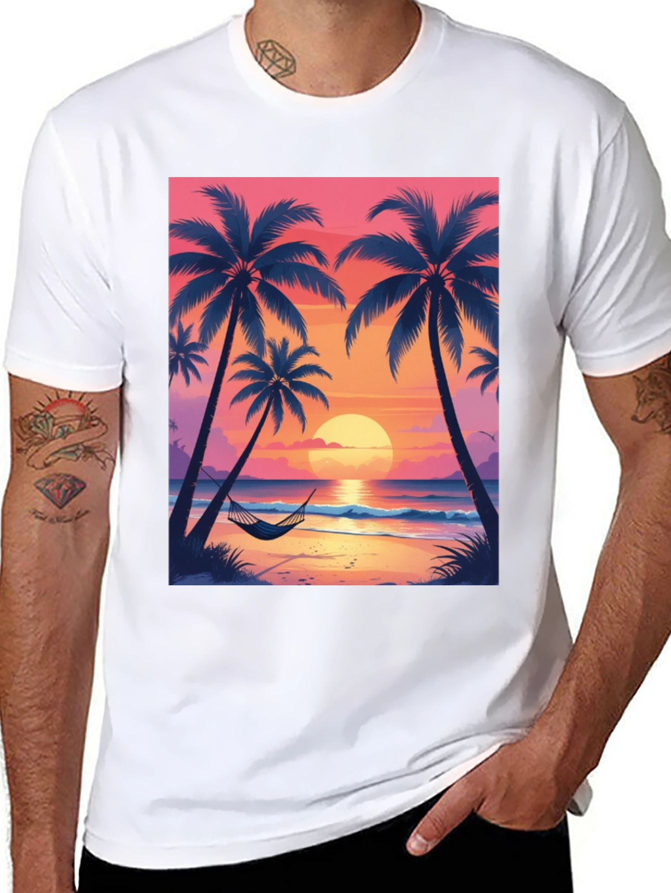 Sunset Beach Palm Tree Graphic Tee - Relaxed Fit