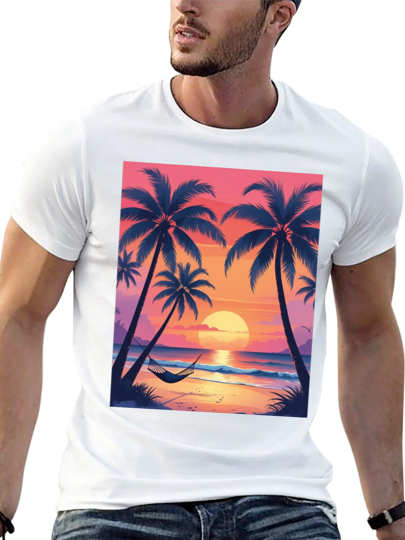 Sunset Beach Palm Tree Graphic Tee - Relaxed Fit