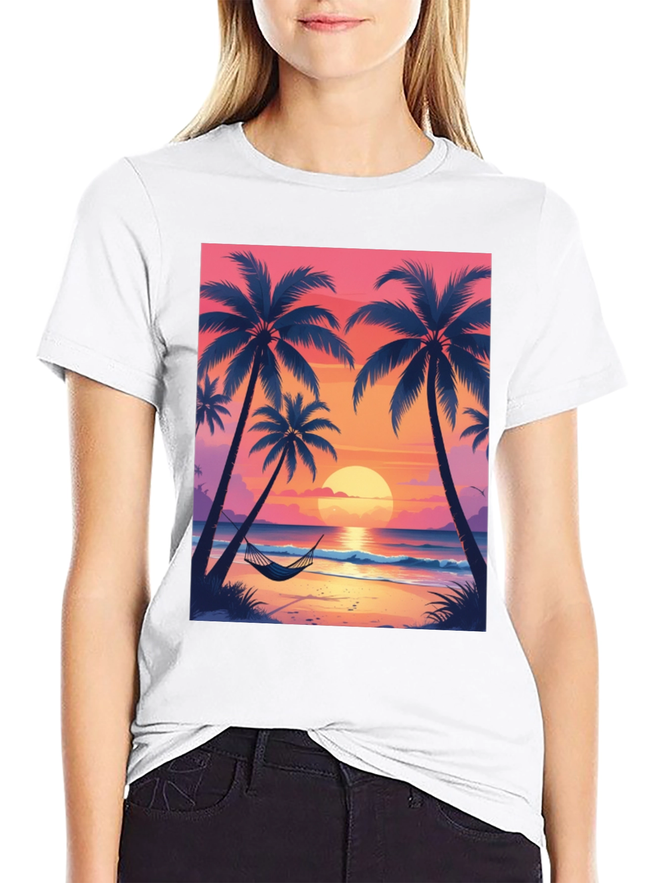 Sunset Beach Palm Tree Graphic Tee - Relaxed Fit