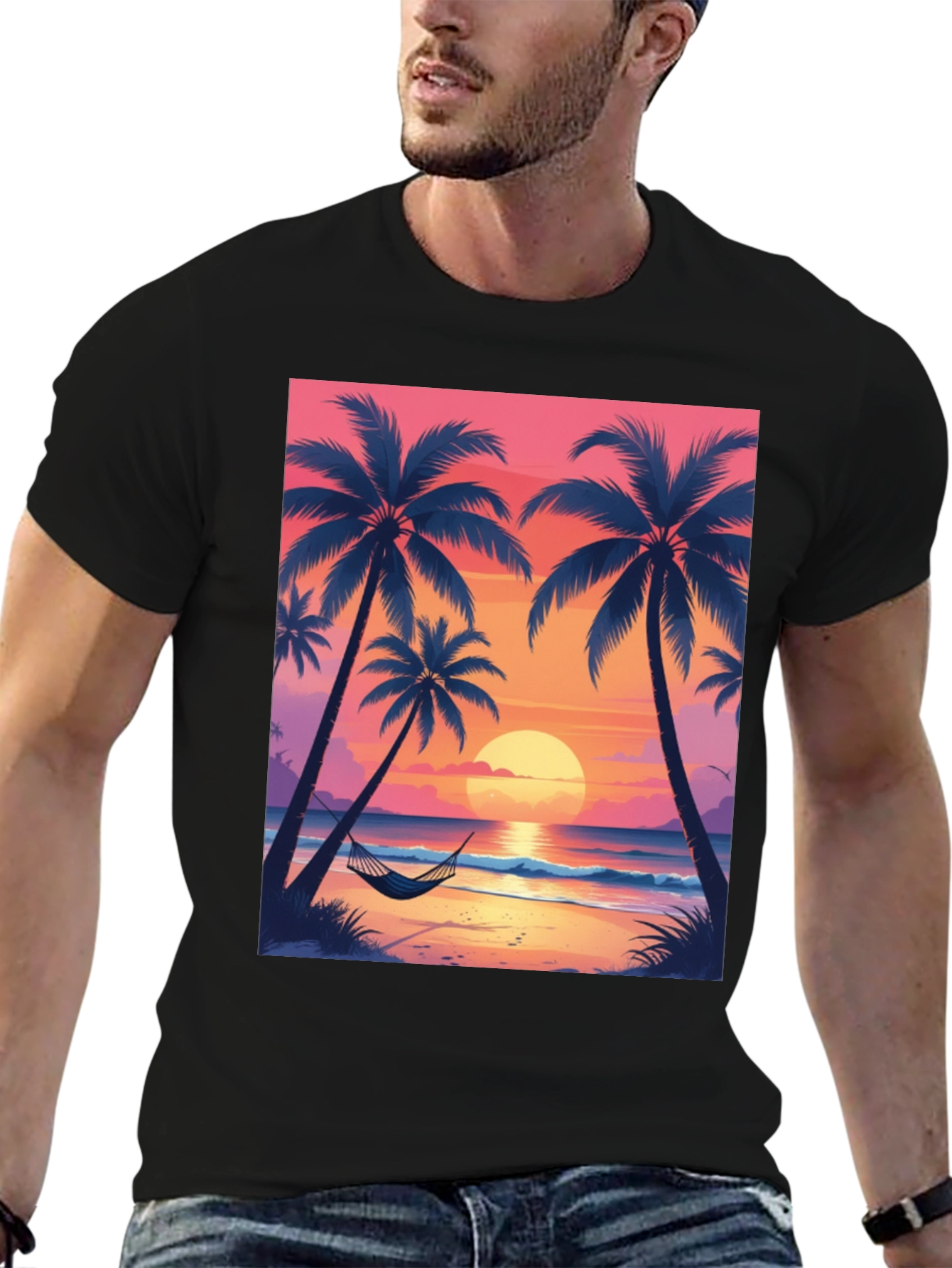Sunset Beach Palm Tree Graphic Tee - Relaxed Fit