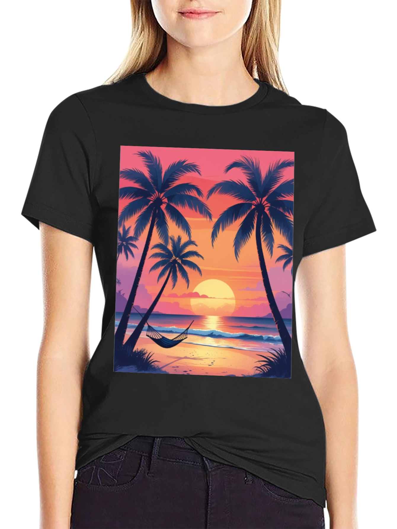 Sunset Beach Palm Tree Graphic Tee - Relaxed Fit
