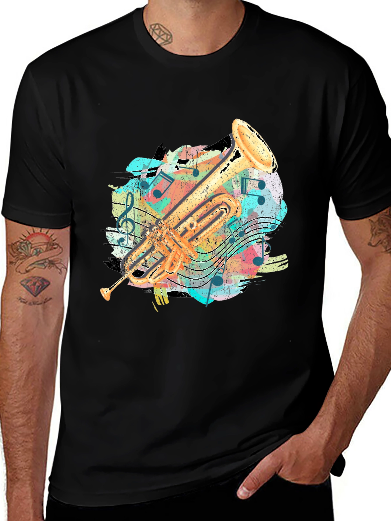 Trumpet Music Notes Graphic Print T-Shirt