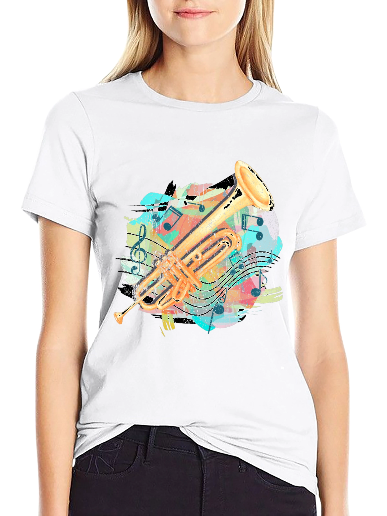 Trumpet Music Notes Graphic Print T-Shirt