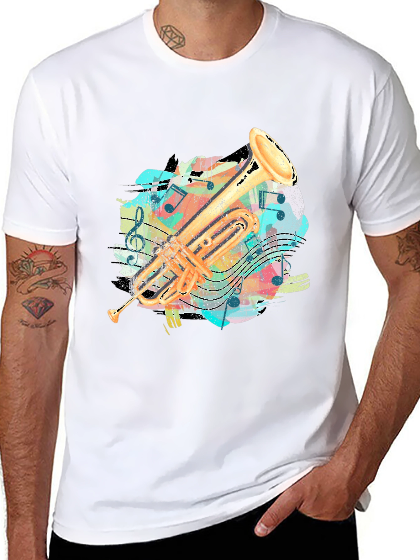 Trumpet Music Notes Graphic Print T-Shirt