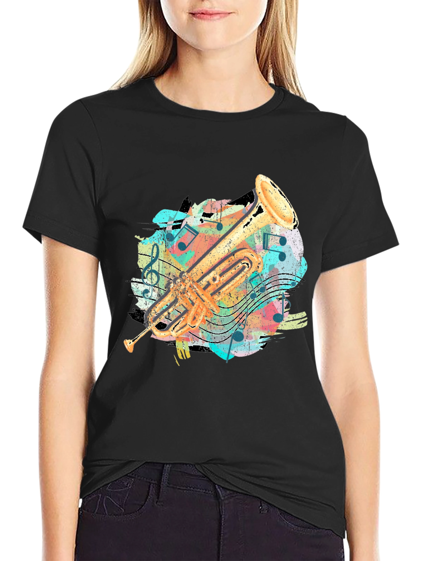 Trumpet Music Notes Graphic Print T-Shirt