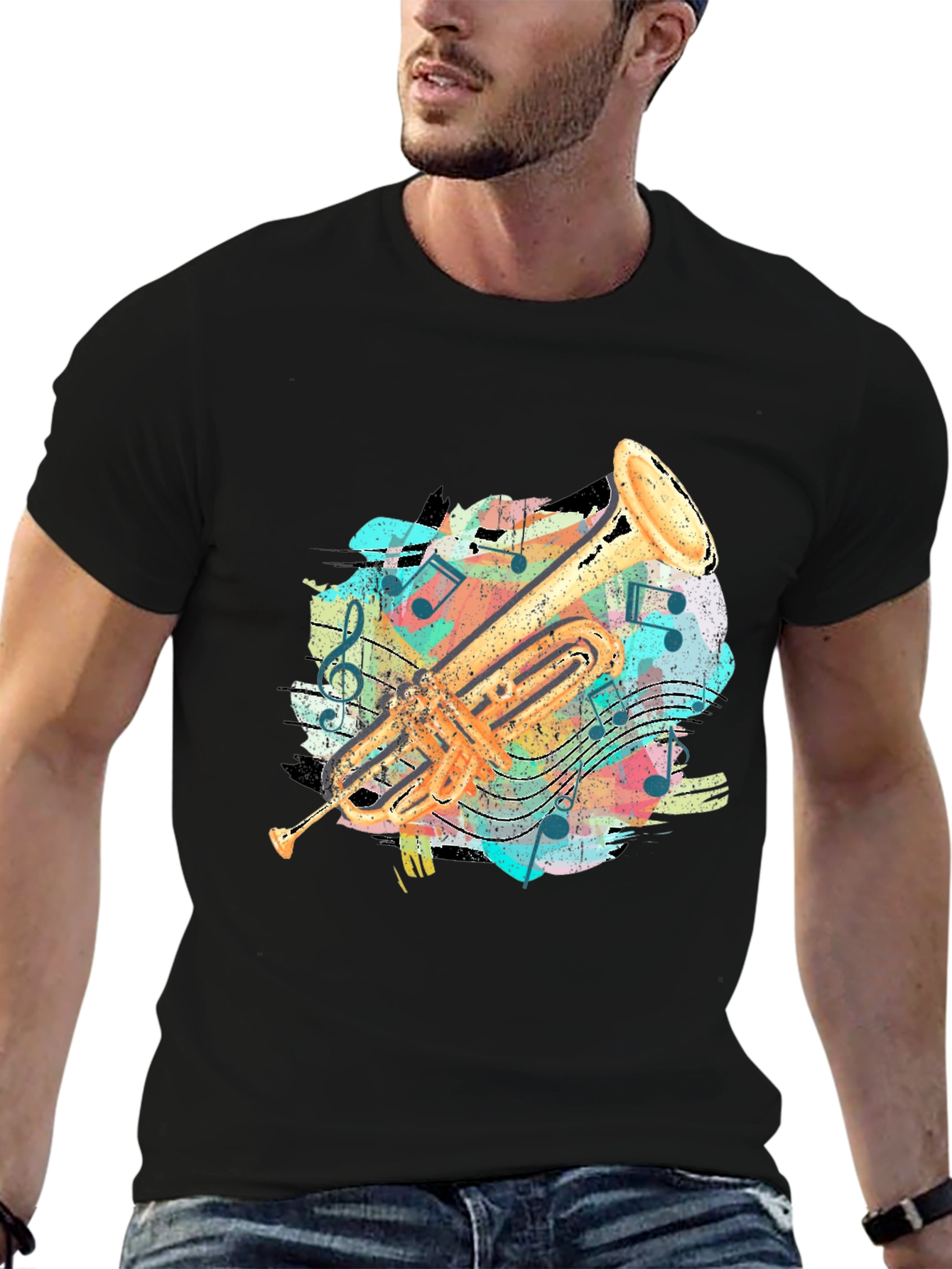 Trumpet Music Notes Graphic Print T-Shirt