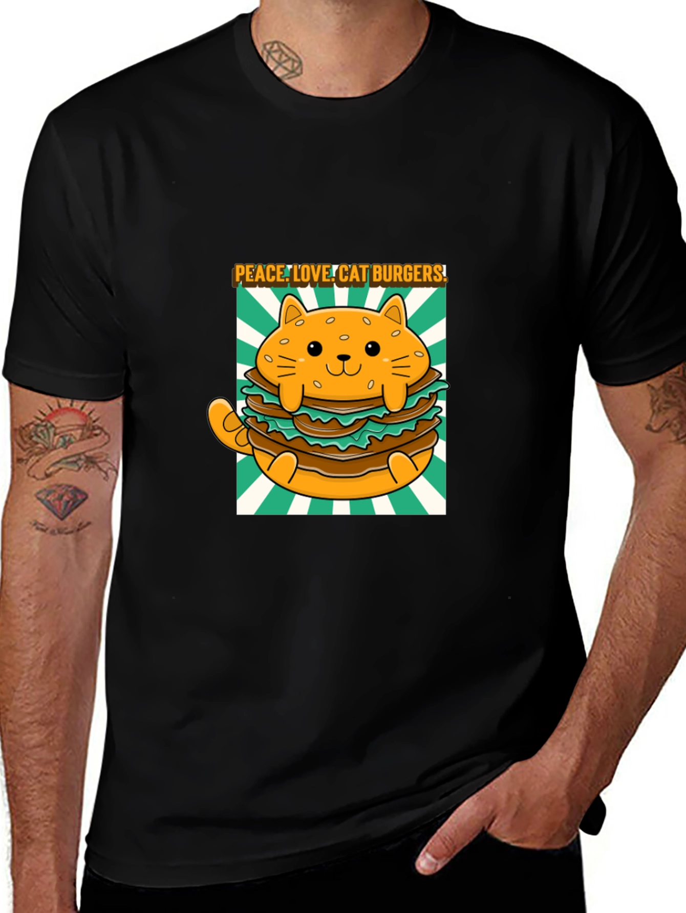 Peace Love Cat Burgers T-Shirt