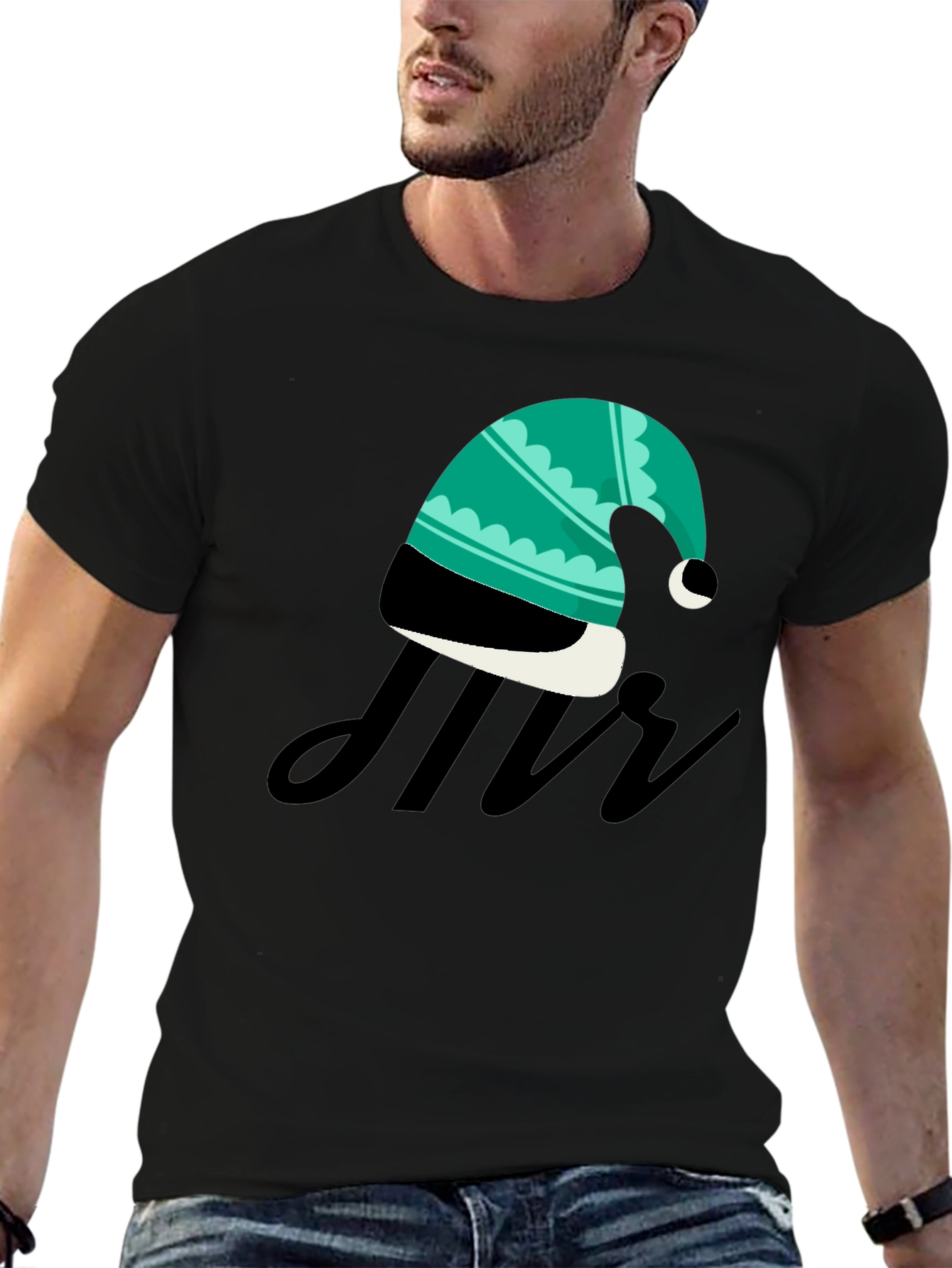 Stylish Black T-Shirt with Festive Hat Graphic