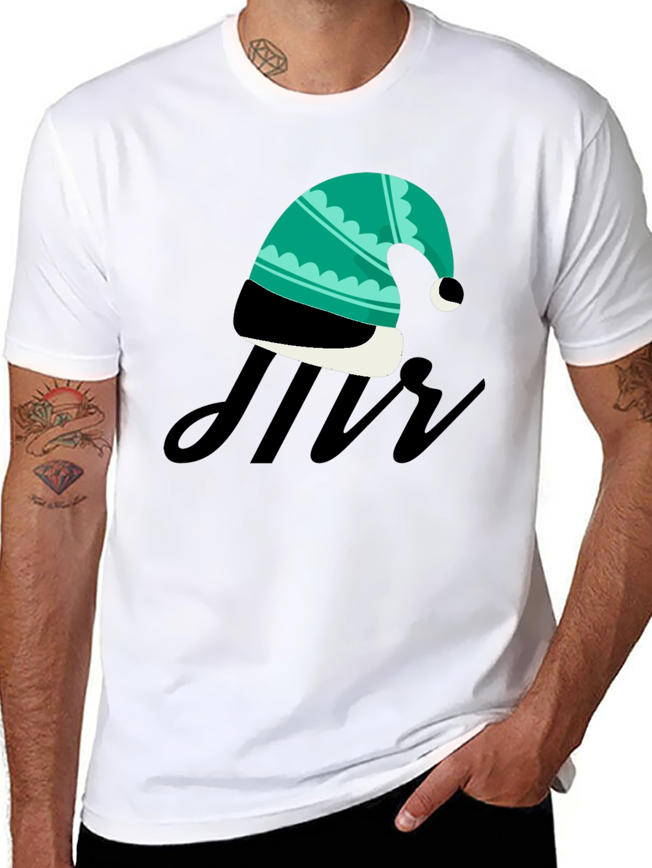 Stylish Black T-Shirt with Festive Hat Graphic