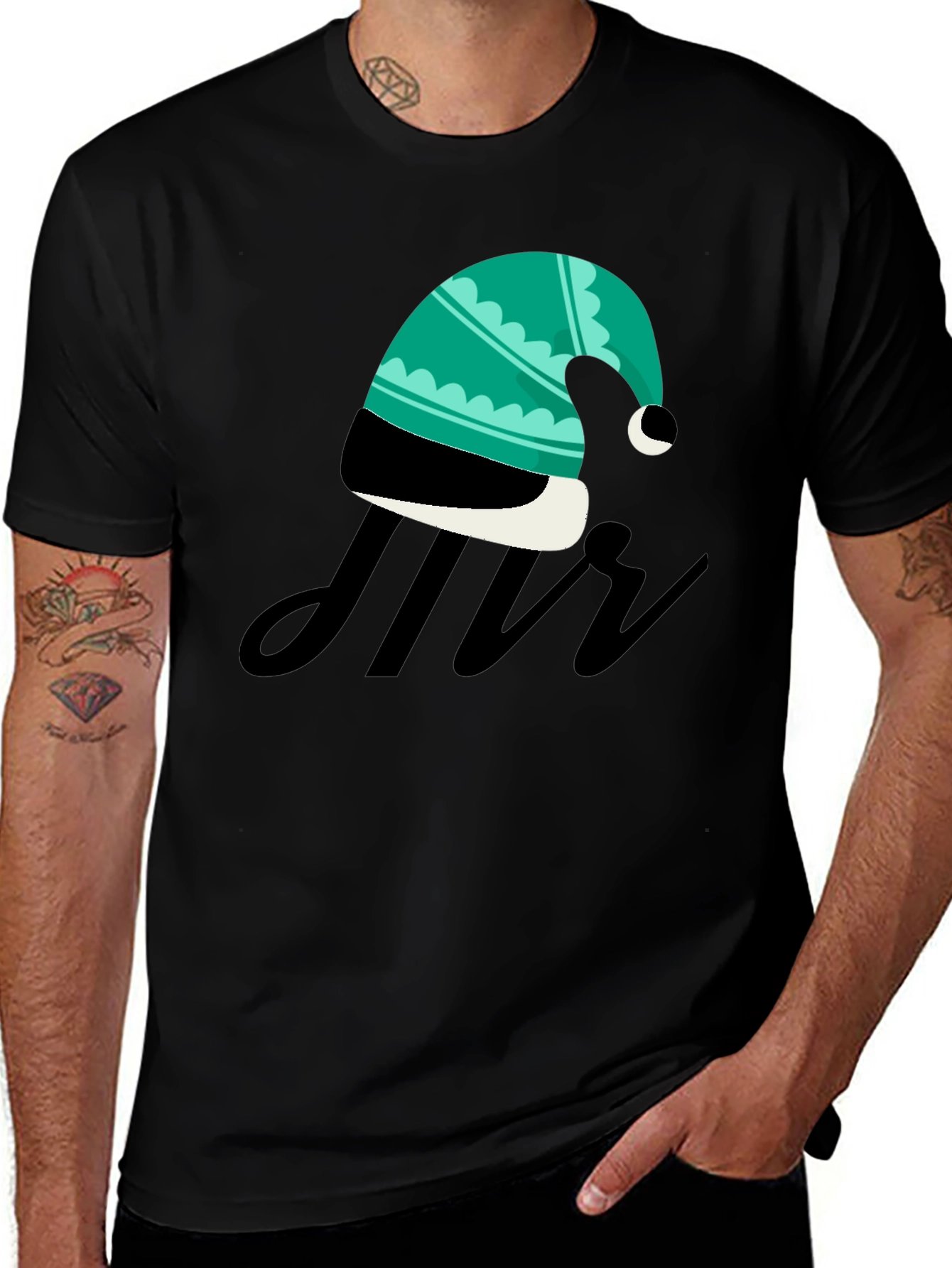 Stylish Black T-Shirt with Festive Hat Graphic