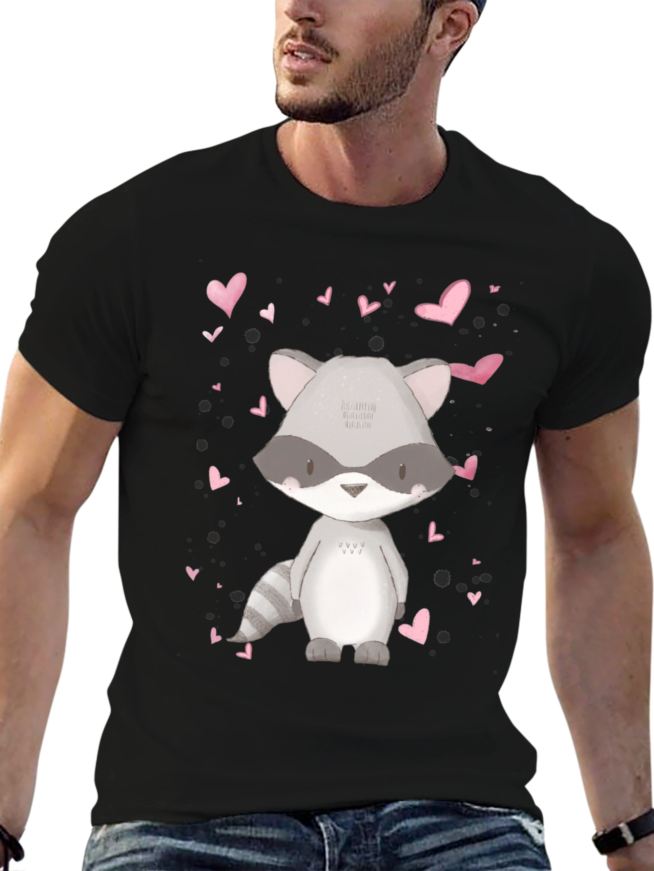 Cute Raccoon & Hearts Graphic Tee - Black