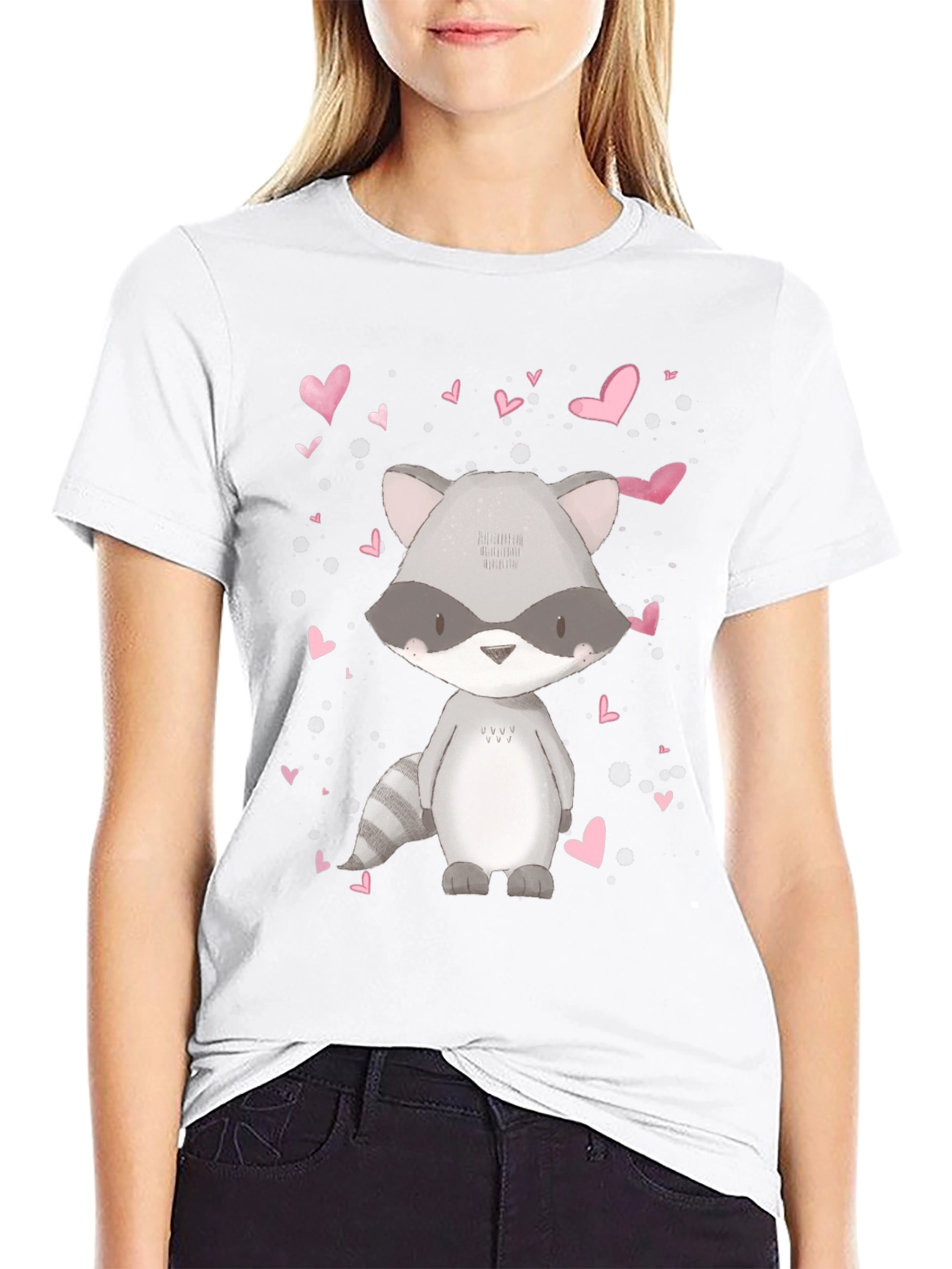 Cute Raccoon & Hearts Graphic Tee - Black