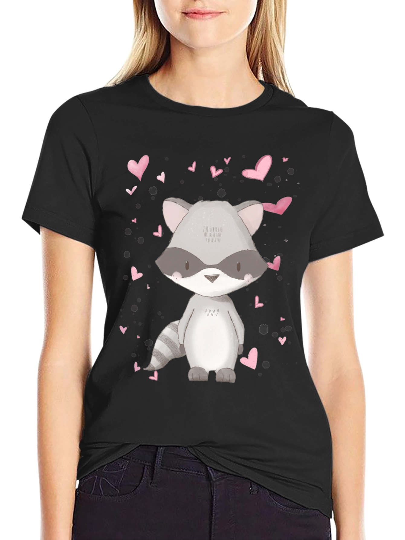 Cute Raccoon & Hearts Graphic Tee - Black