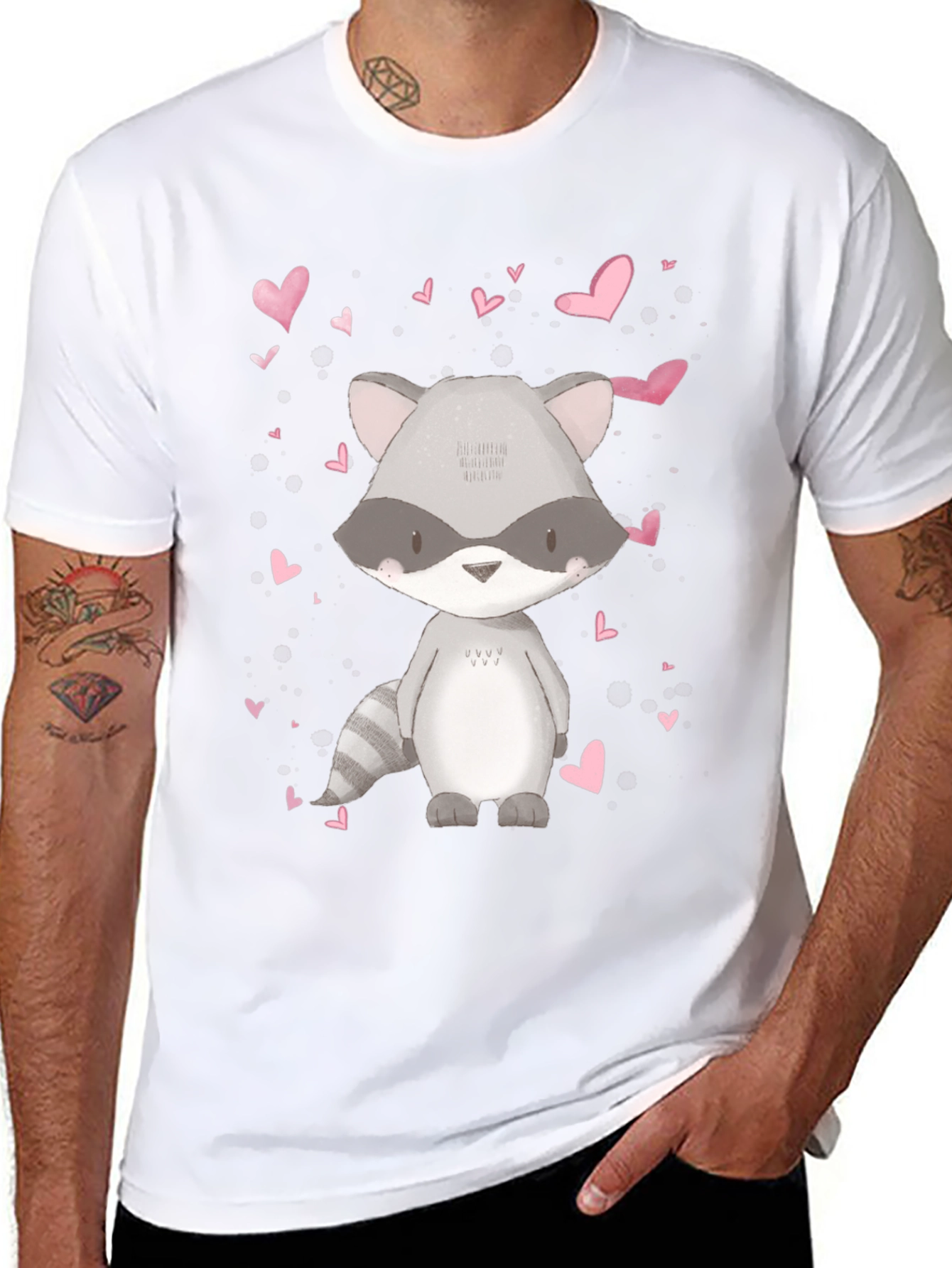 Cute Raccoon & Hearts Graphic Tee - Black