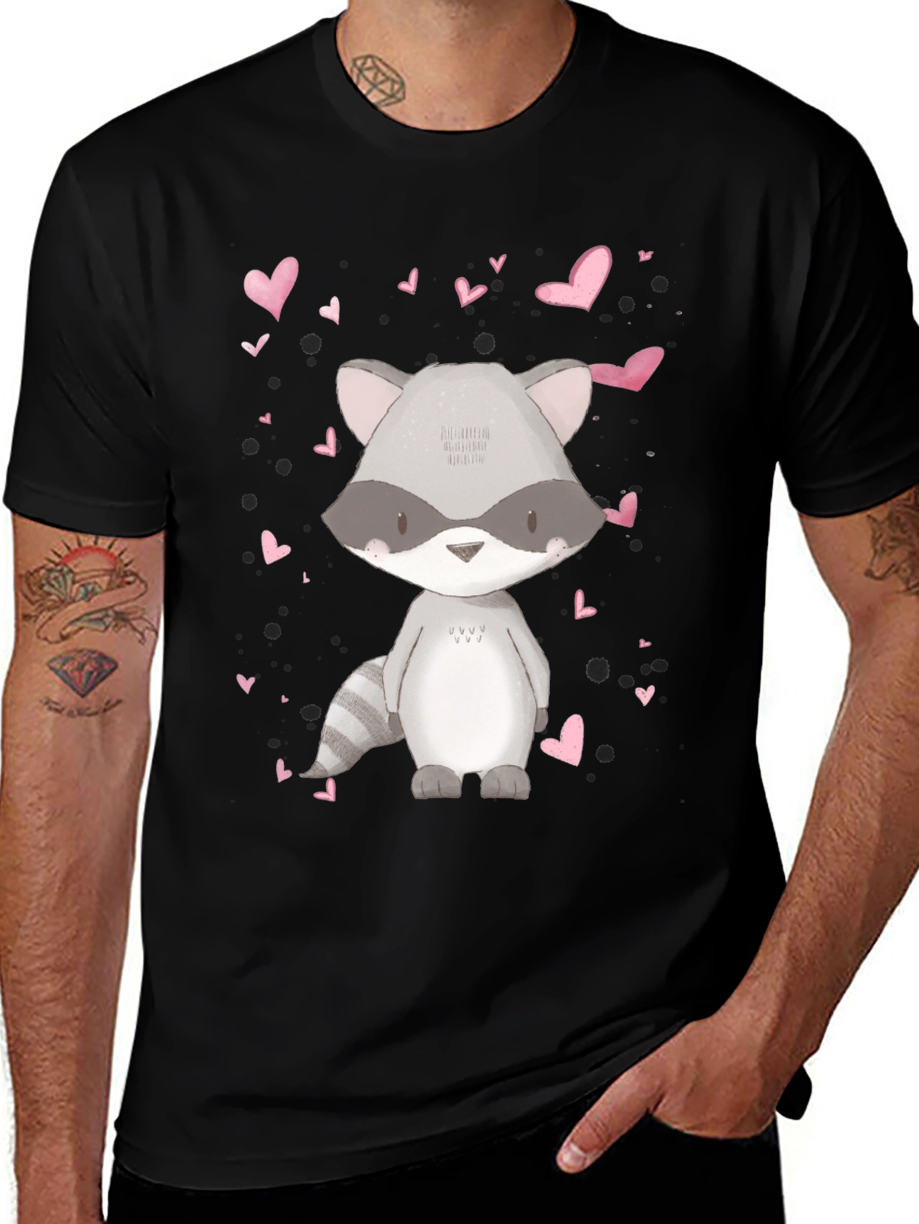 Cute Raccoon & Hearts Graphic Tee - Black