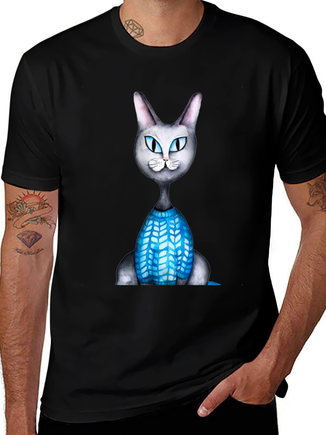 Cartoon Cat in Sweater Graphic T-Shirt