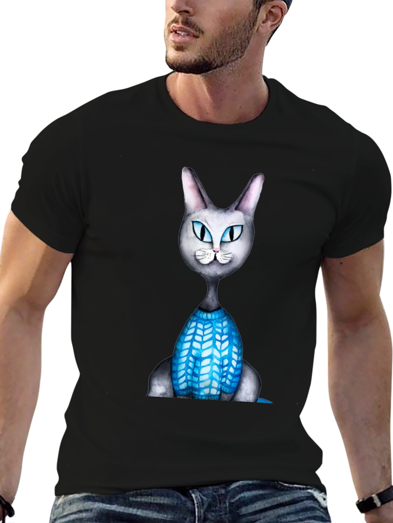 Cartoon Cat in Sweater Graphic T-Shirt