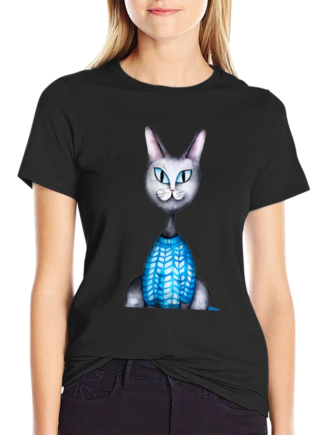 Cartoon Cat in Sweater Graphic T-Shirt