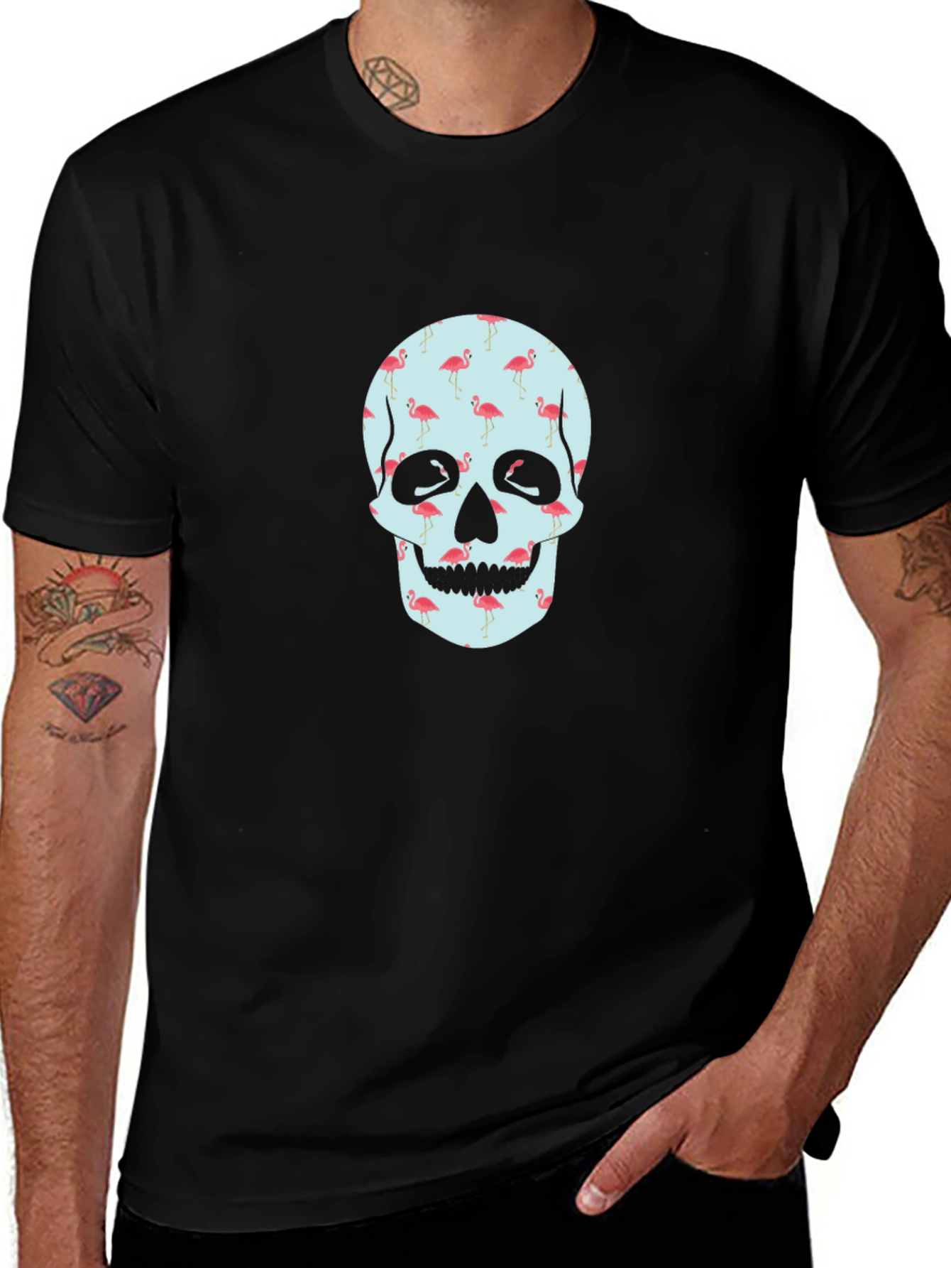 Flamingo Skull Graphic Tee - Black
