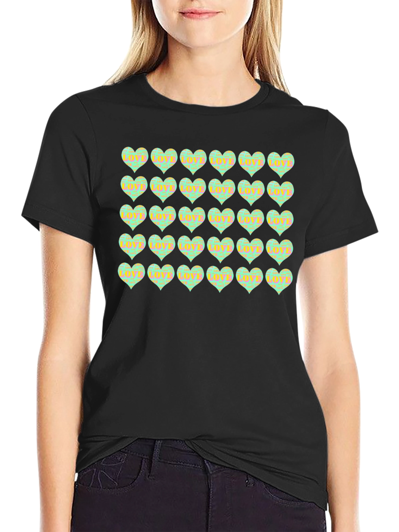 Love Hearts Pattern Black T-Shirt