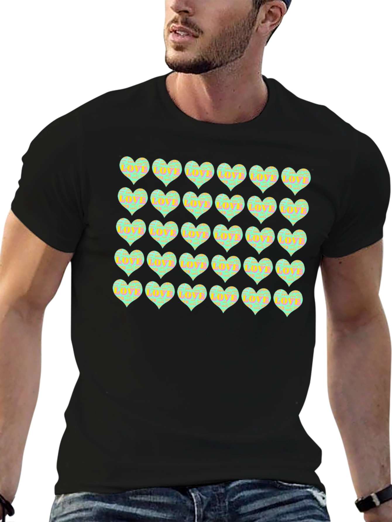 Love Hearts Pattern Black T-Shirt