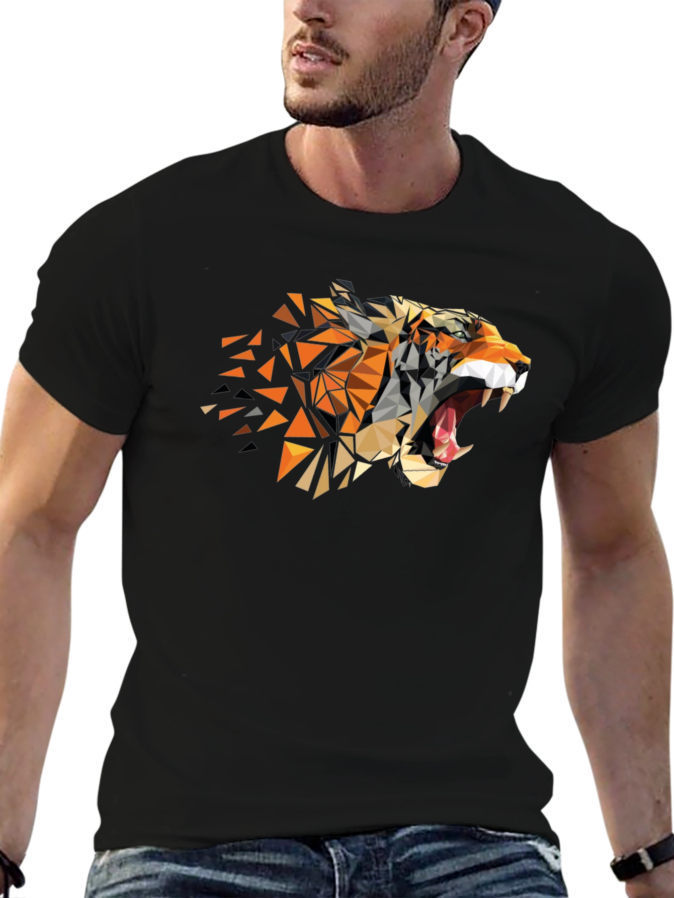 Geometric Tiger Graphic Black Tee - Modern Mens Fashion