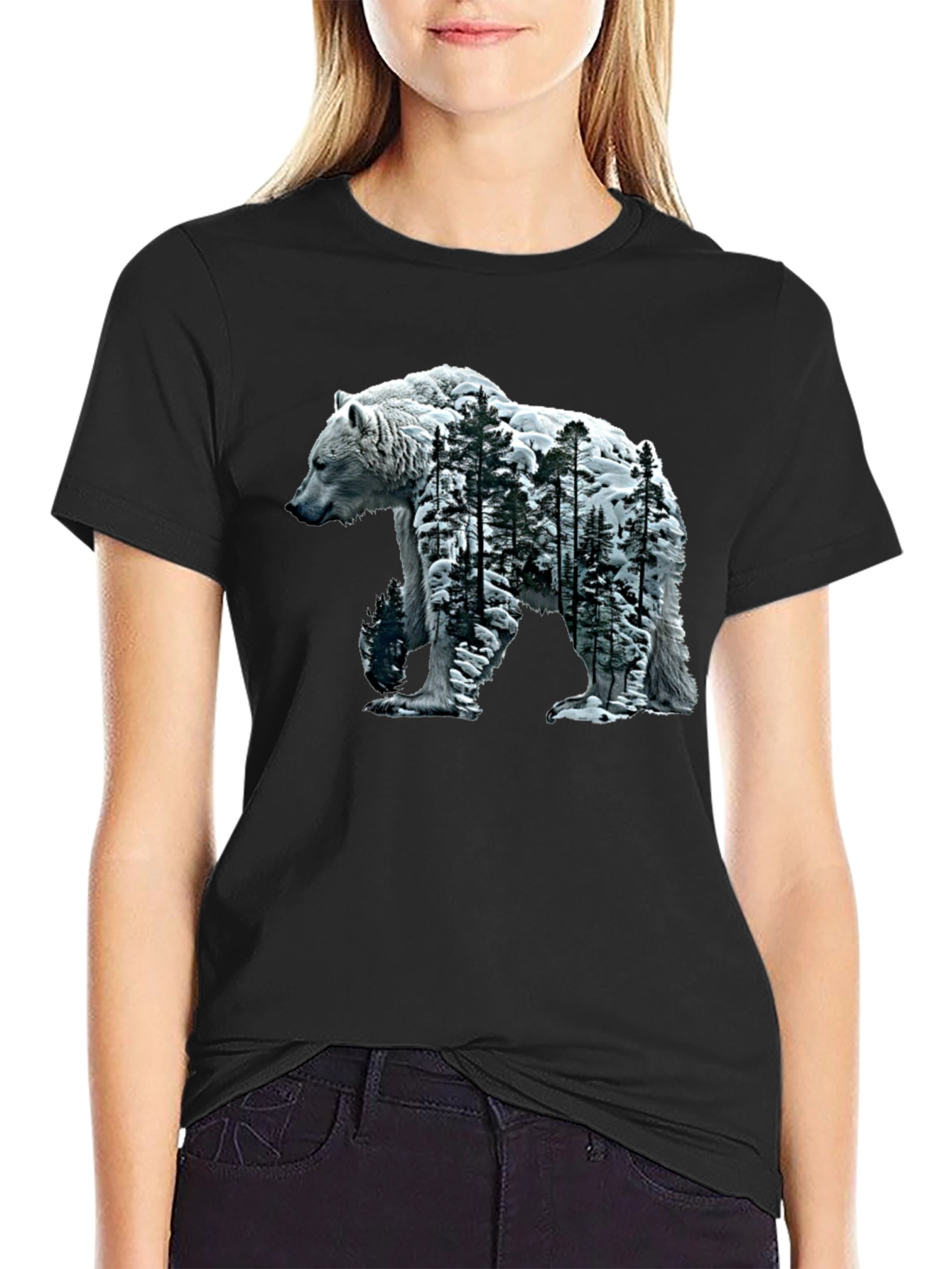 Bear and Forest Graphic Tee - Black