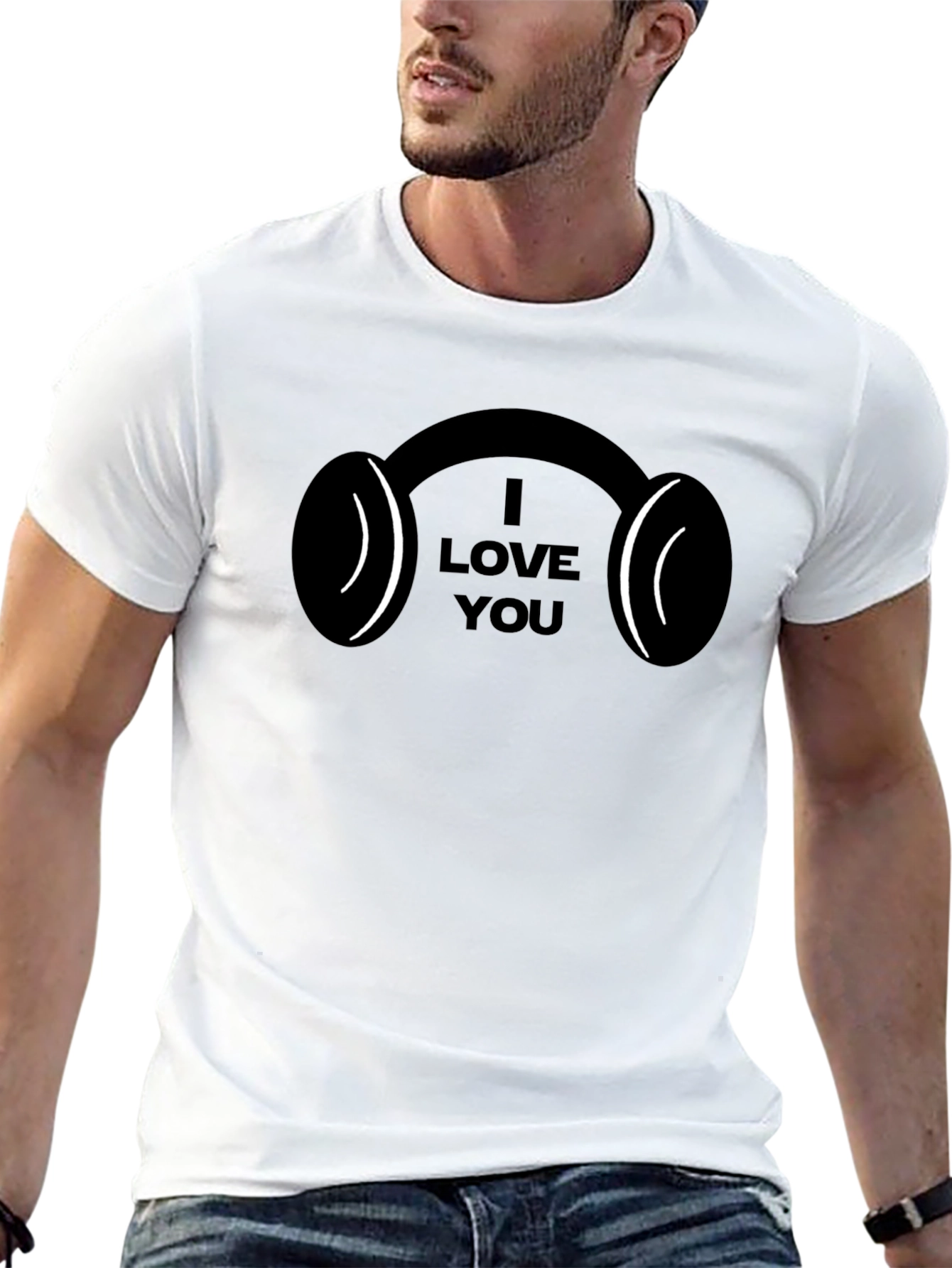 I Love You Headphones Black T-Shirt