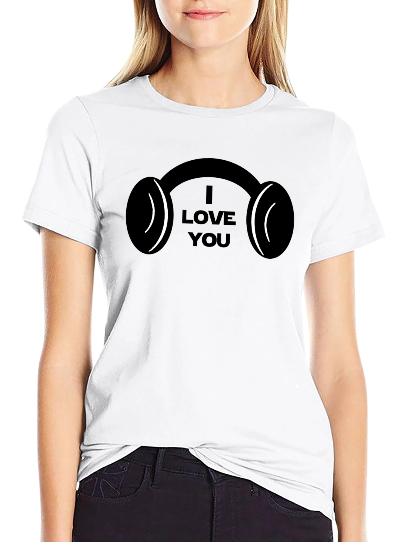 I Love You Headphones Black T-Shirt