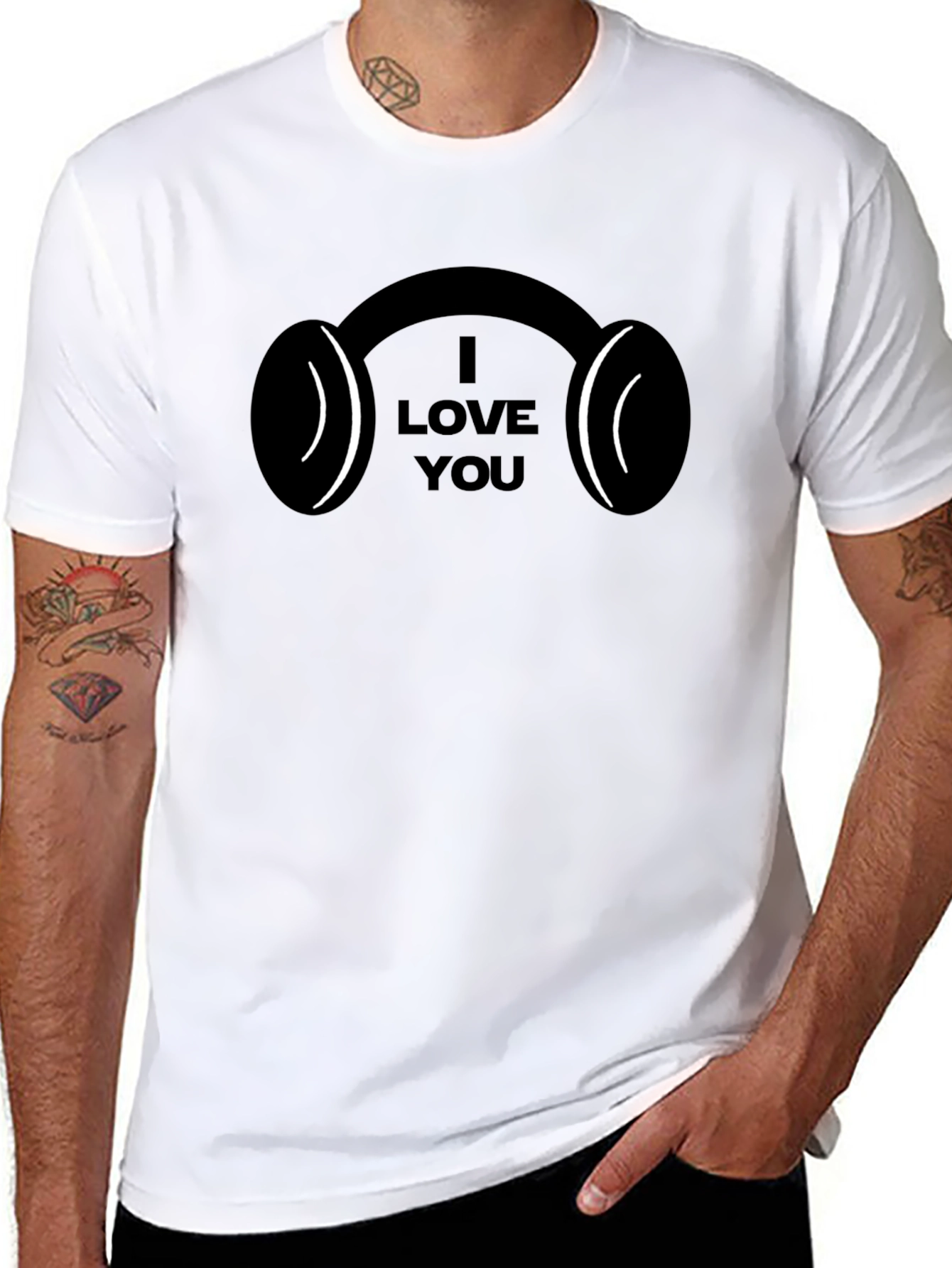 I Love You Headphones Black T-Shirt