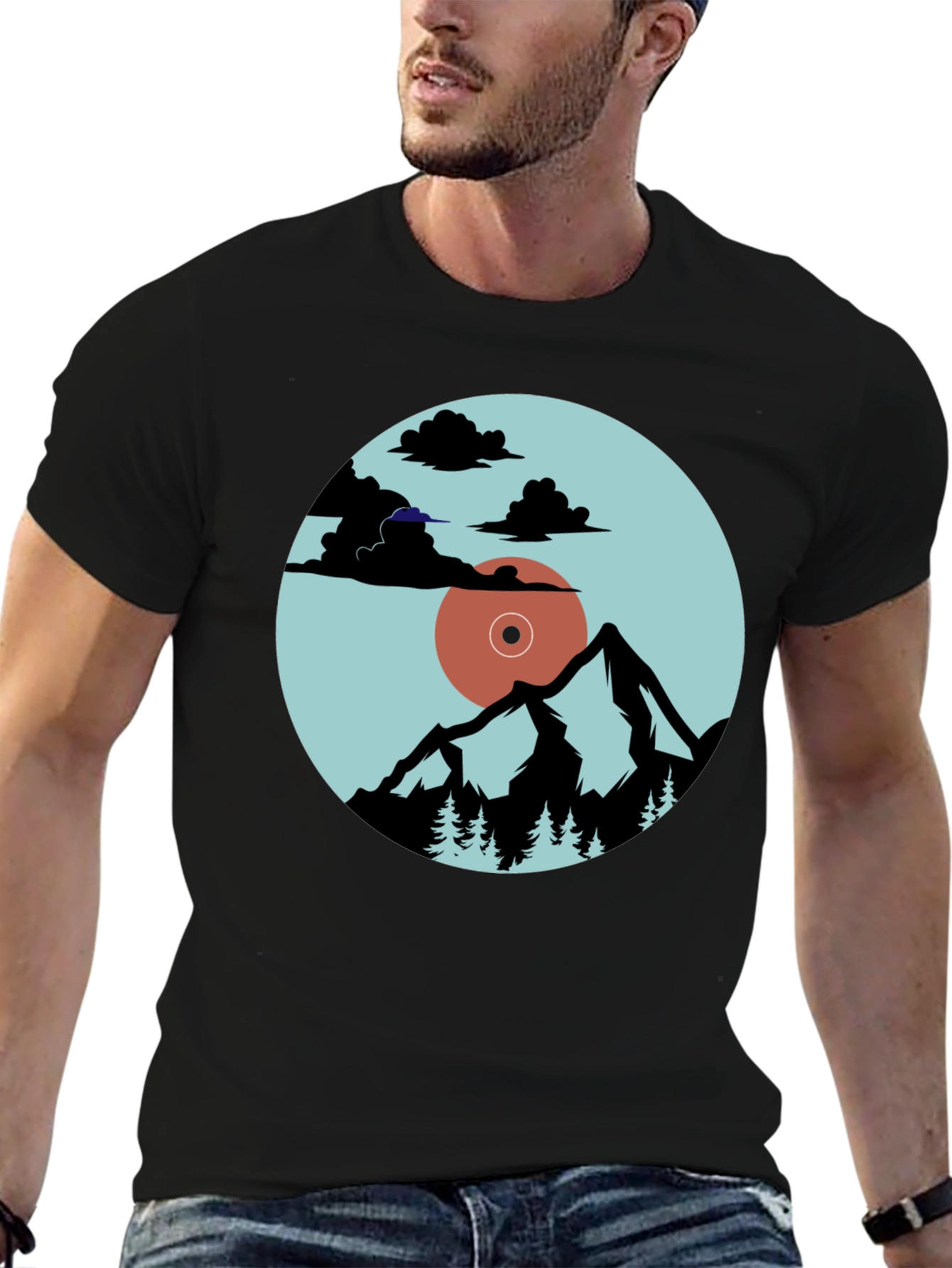Mountains & Vinyl Record Graphic T-Shirt